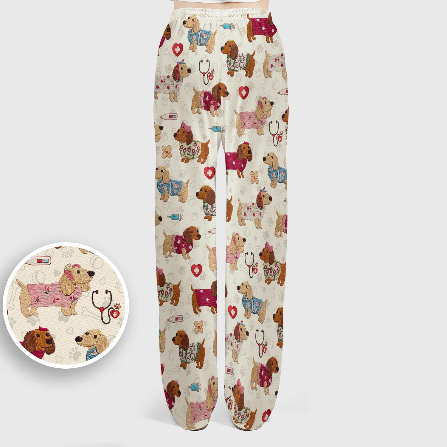 Cute Medical Wiener Dog Pattern Nurse Shirt, Dachshund Nursing Scrub Set, Breathable Fabrics Nursing Uniform