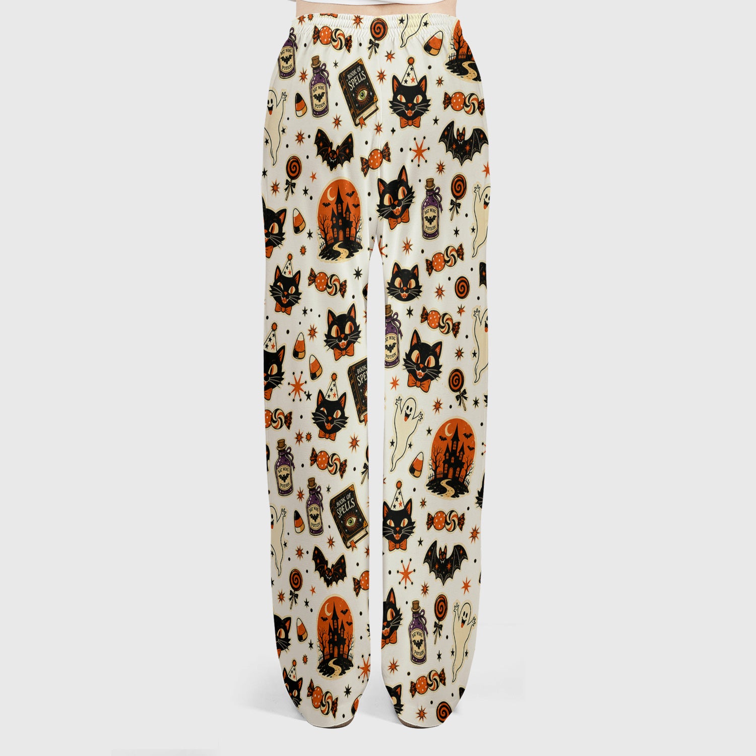 Halloween Black Cat with Ghost Candy Print Scrub Set, Scrub Pants and V Neck Top