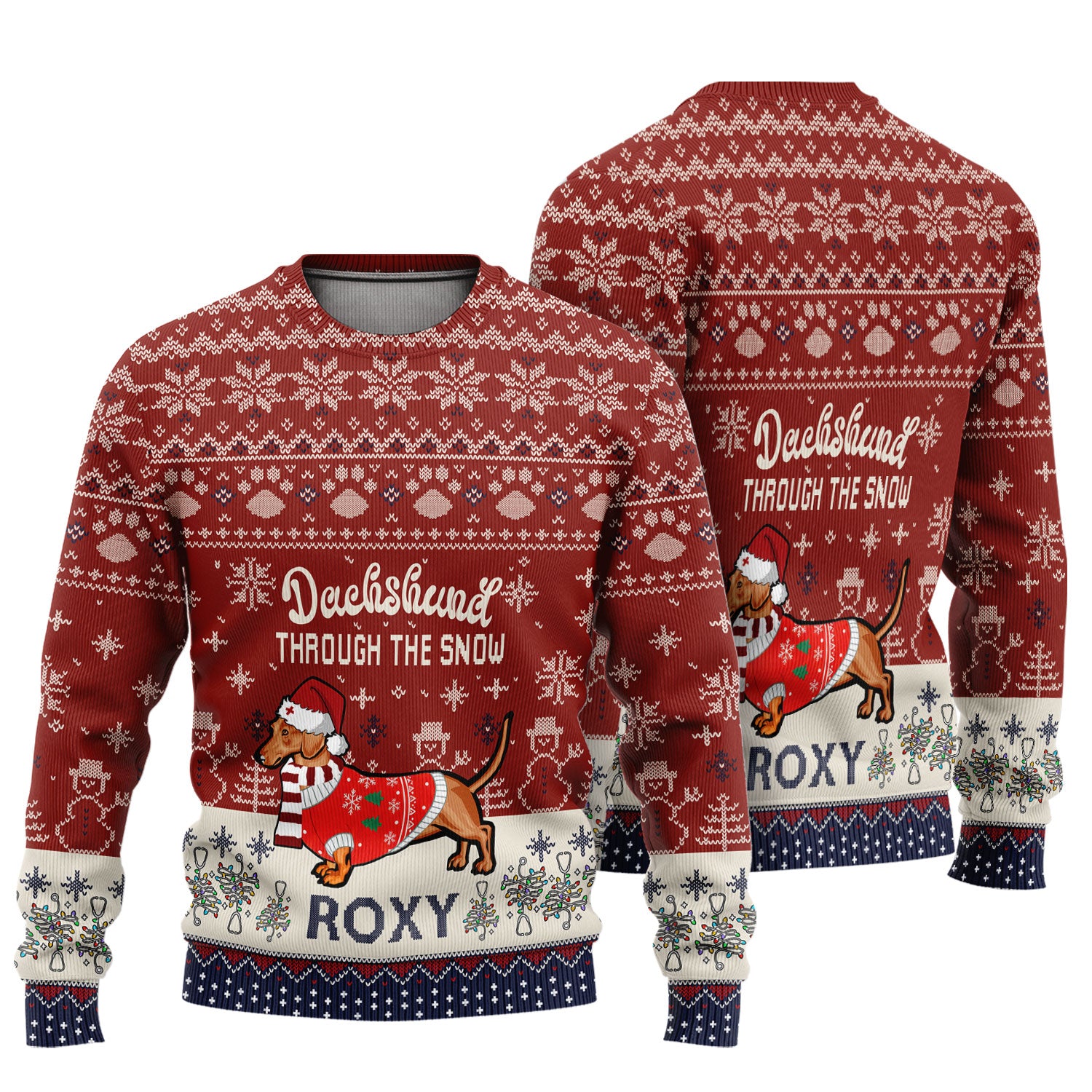 Funny Wiener Dog Christmas Ugly Sweater - Custom Name Dachshund Through The Snow - Cute Holiday Medical Uniform