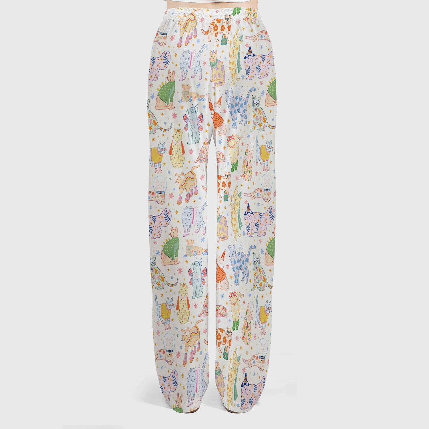 Colorful Pastel Cartoon Cats Print Scrub Set, Breathable Med Uniform