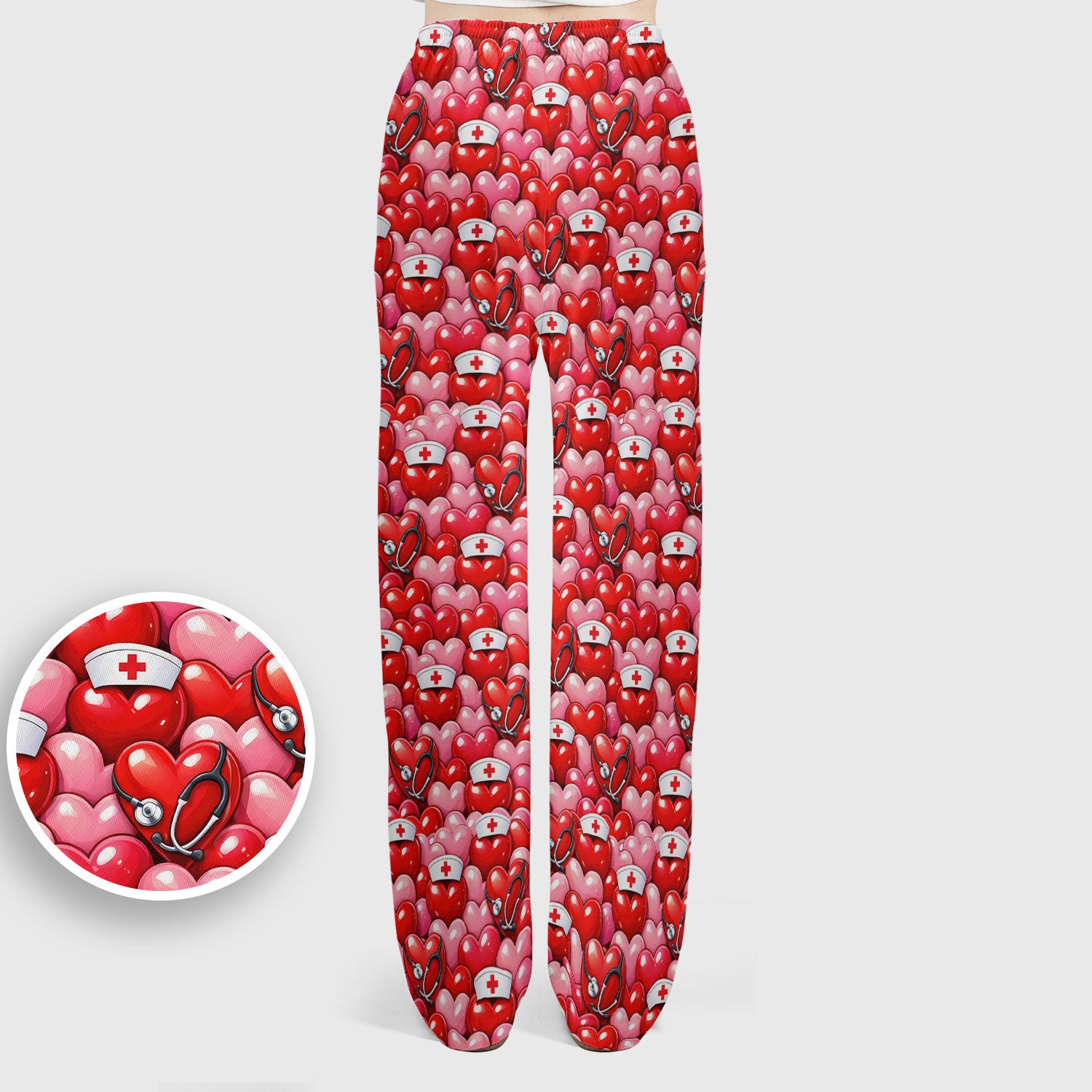 Valentine Pattern Nurse Scrub Set, Heart With Stethoscope Love Medical Shirt For Women, Breathable Fabrics Nursing Uniform