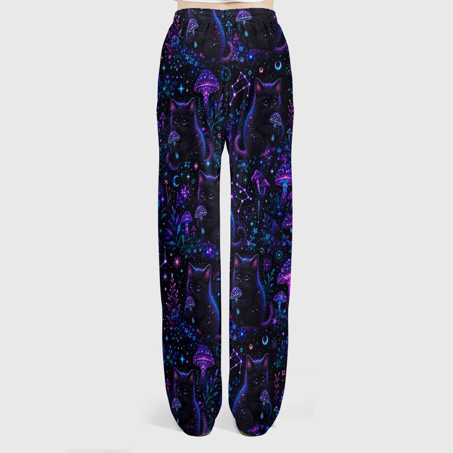 Neon Black Cat Mushroom Galaxy Pattern Scrub Set, Scrub Pants and V Neck Top