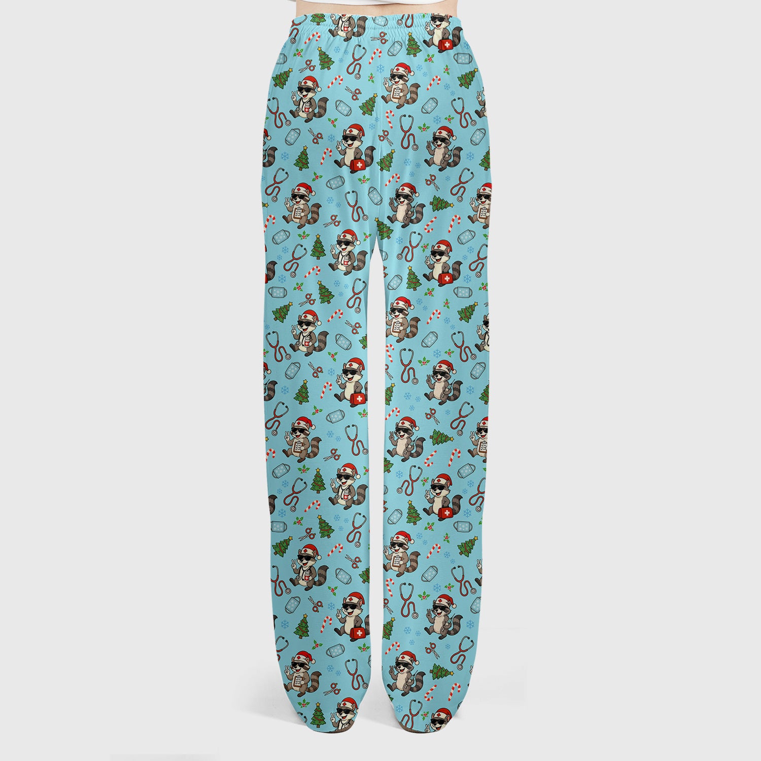 Funny Christmas Nurse Scrub Set - Raccoon Pattern with Santa Hat, Stethoscope and Tree - Cute Holiday Medical Scrubs Pants and Top Gift for RN CNA LPN