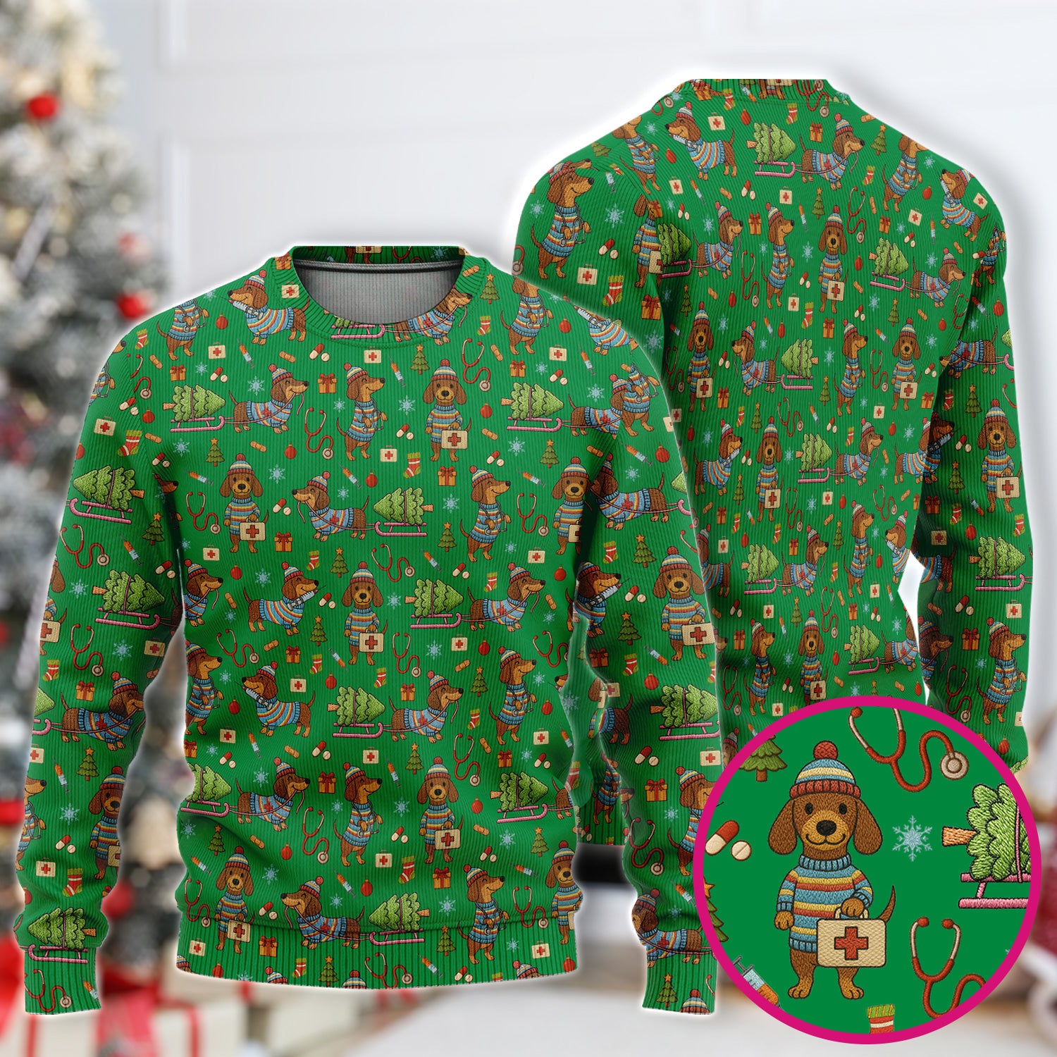 Dachshund Dog Scrub Set For Nurse, Funny Wiener Dog Lover Gift, Cute Dog 3D Knit Pattern Shirt