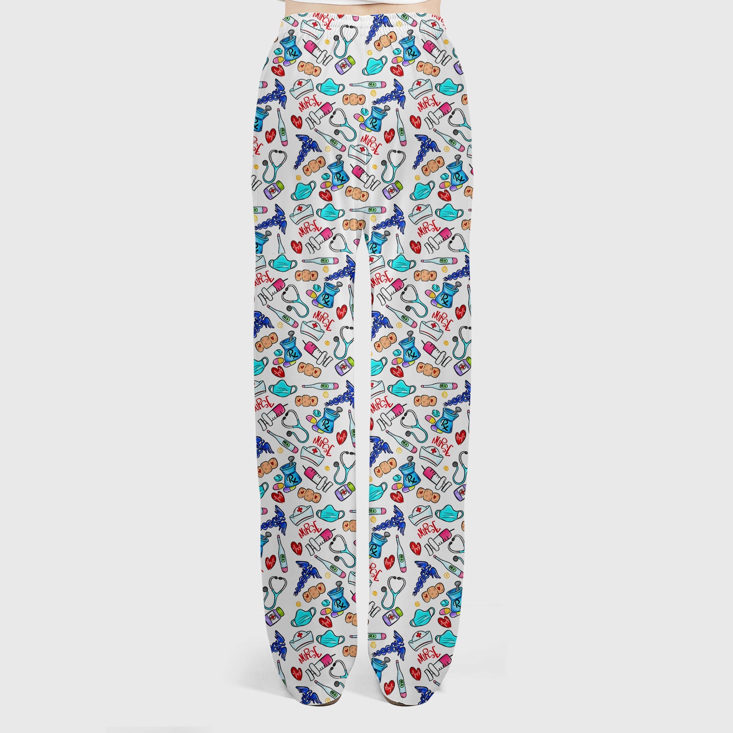 Nurse Medical Icons Stethoscope Heart Pattern Scrub Set, Scrub Pants and V Neck Top