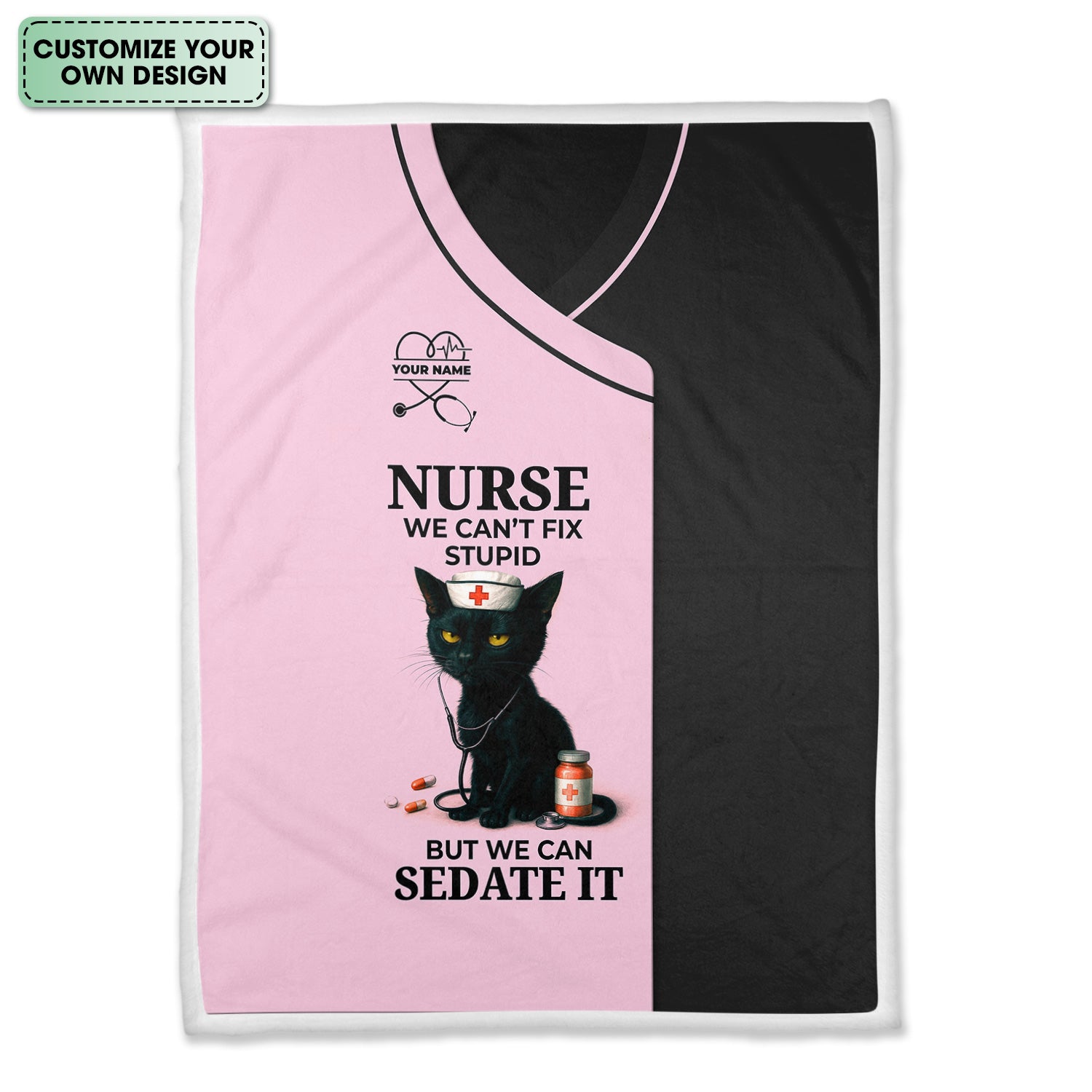 Personalized Funny Nurse Black Cat Blanket - Multiple Color Options Available - Custom Name Gift for RN CNA LPN Healthcare Workers