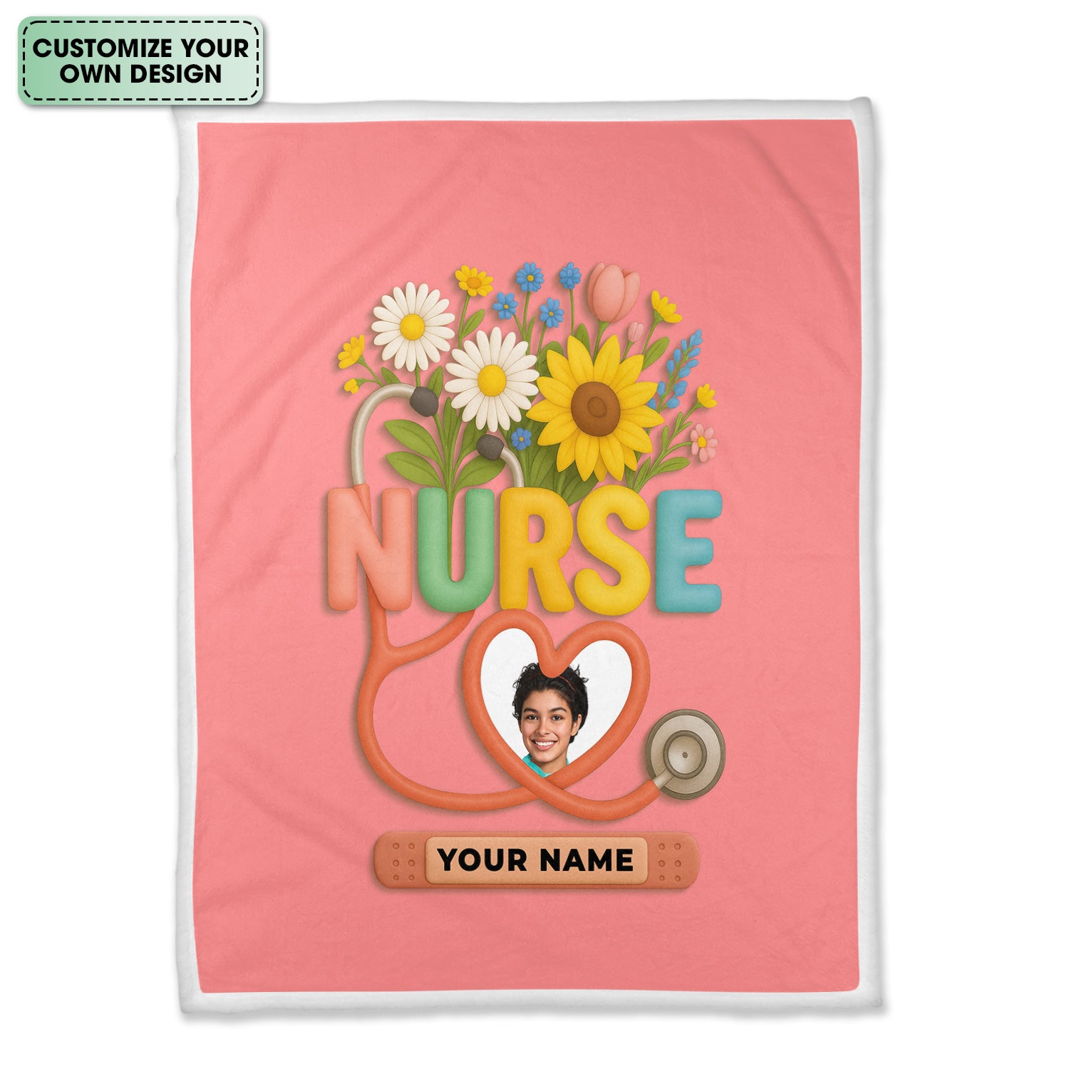 Personalized Nurse Floral Graduation Blanket - Custom Photo & Name with Stethoscope for RN LPN CNA Gift - Multiple Color Options Available Keepsake