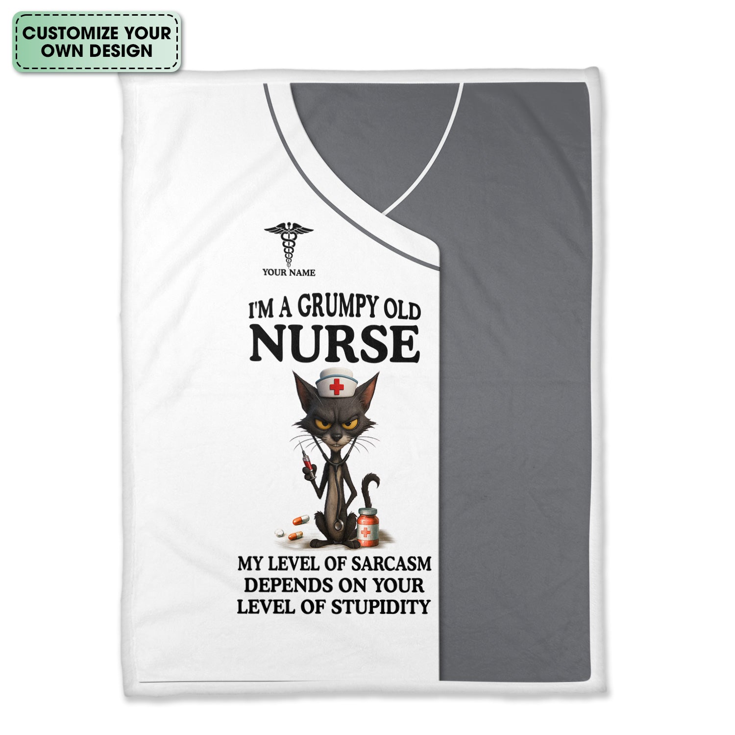 Custom Name Grumpy Old Nurse Blanket - Angry Cat Sarcastic Humor for RN LPN CNA Medical Staff Gift  - Multiple Color Options Available Keepsake