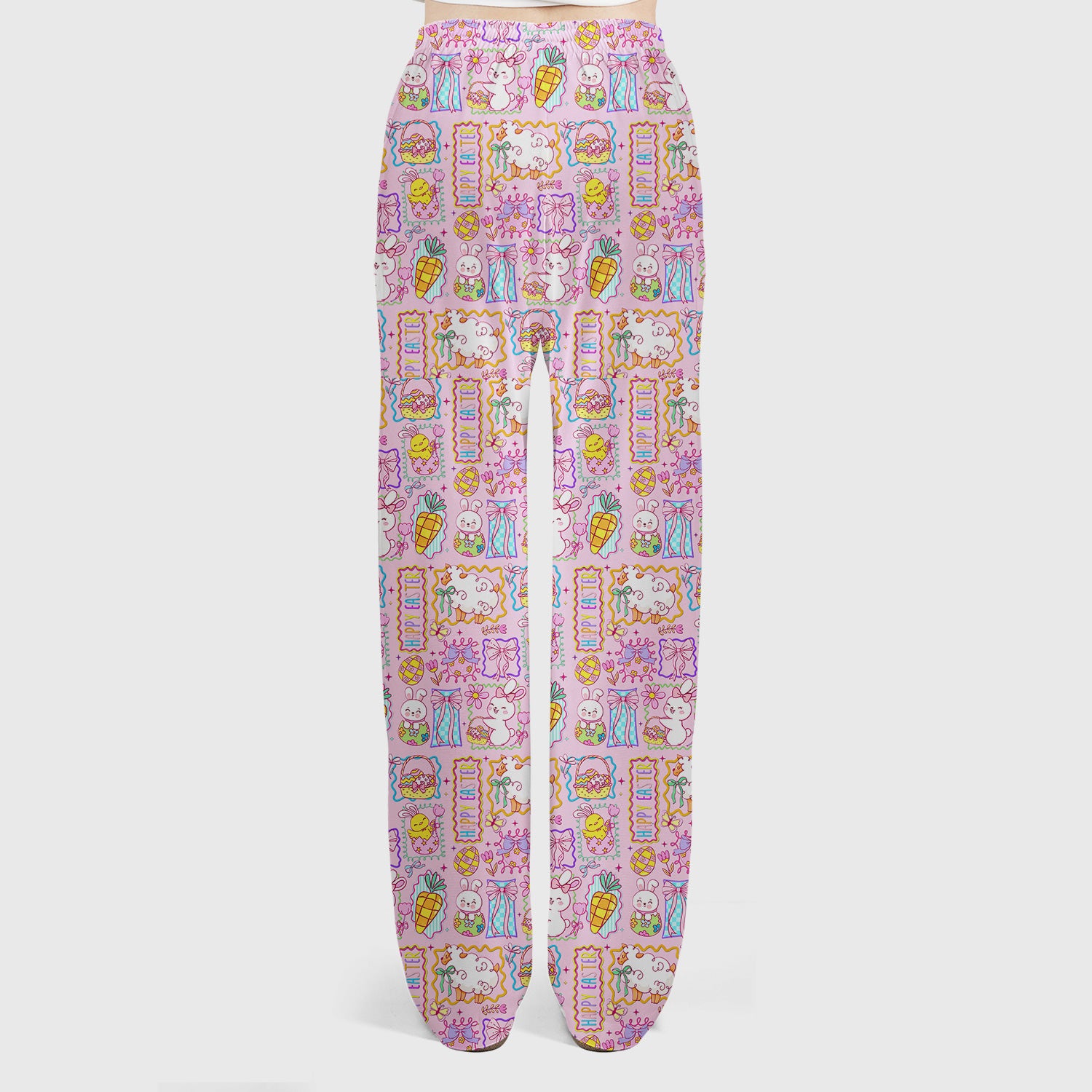 Cute Easter Bunny Egg and Bow Print Scrub Set, Scrub Pants and V Neck Top