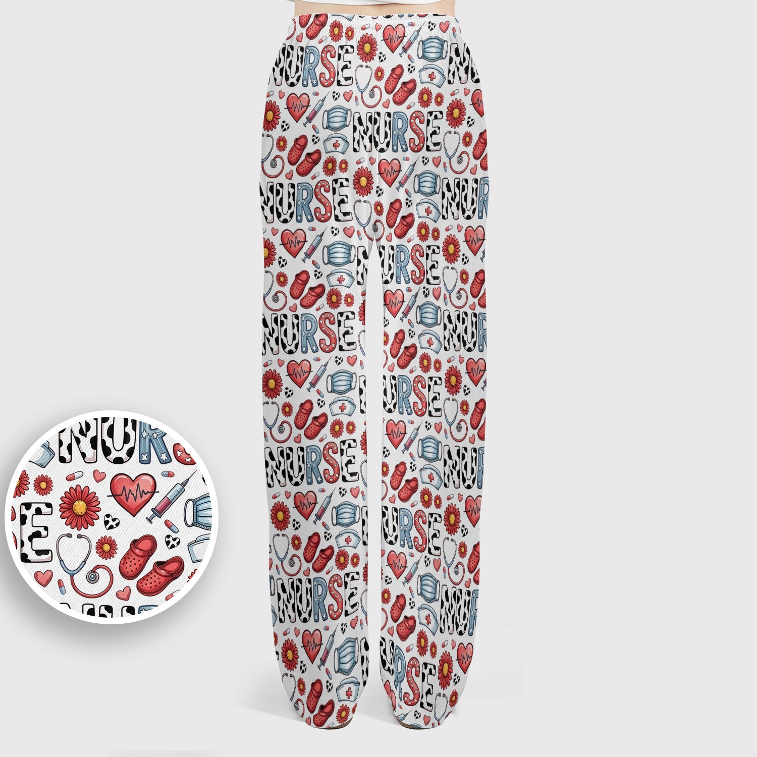 Cute Nurse Medical Icon Pattern Scrub Set, Scrub Pants and V Neck Top