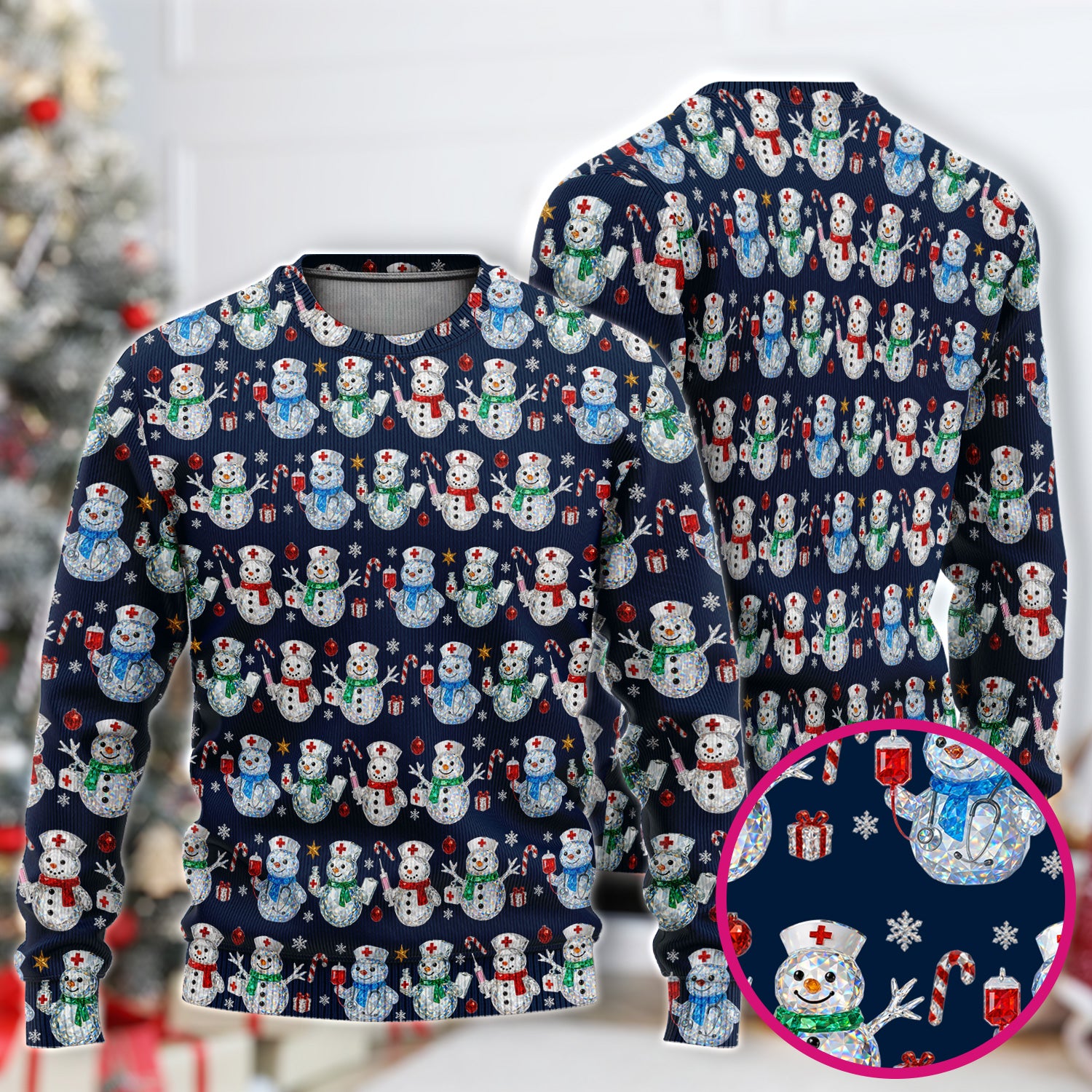 Nurse Snowman Christmas Scrub Set, Cute Holiday Medical Pattern Shirt For Women, Winter Snowflake Nursing Uniform