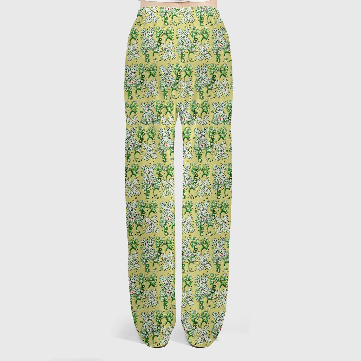 St Patrick Shamrock Stethoscope Bow Print Scrub Set, Breathable Med Uniform
