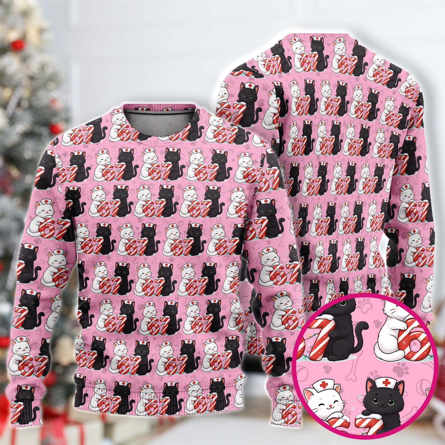 Xmas Cat Pattern Scrub Set, Christmas Nurse Six Seven With Cat Scrub Shirt, Breathable Fabrics Nursing Uniform