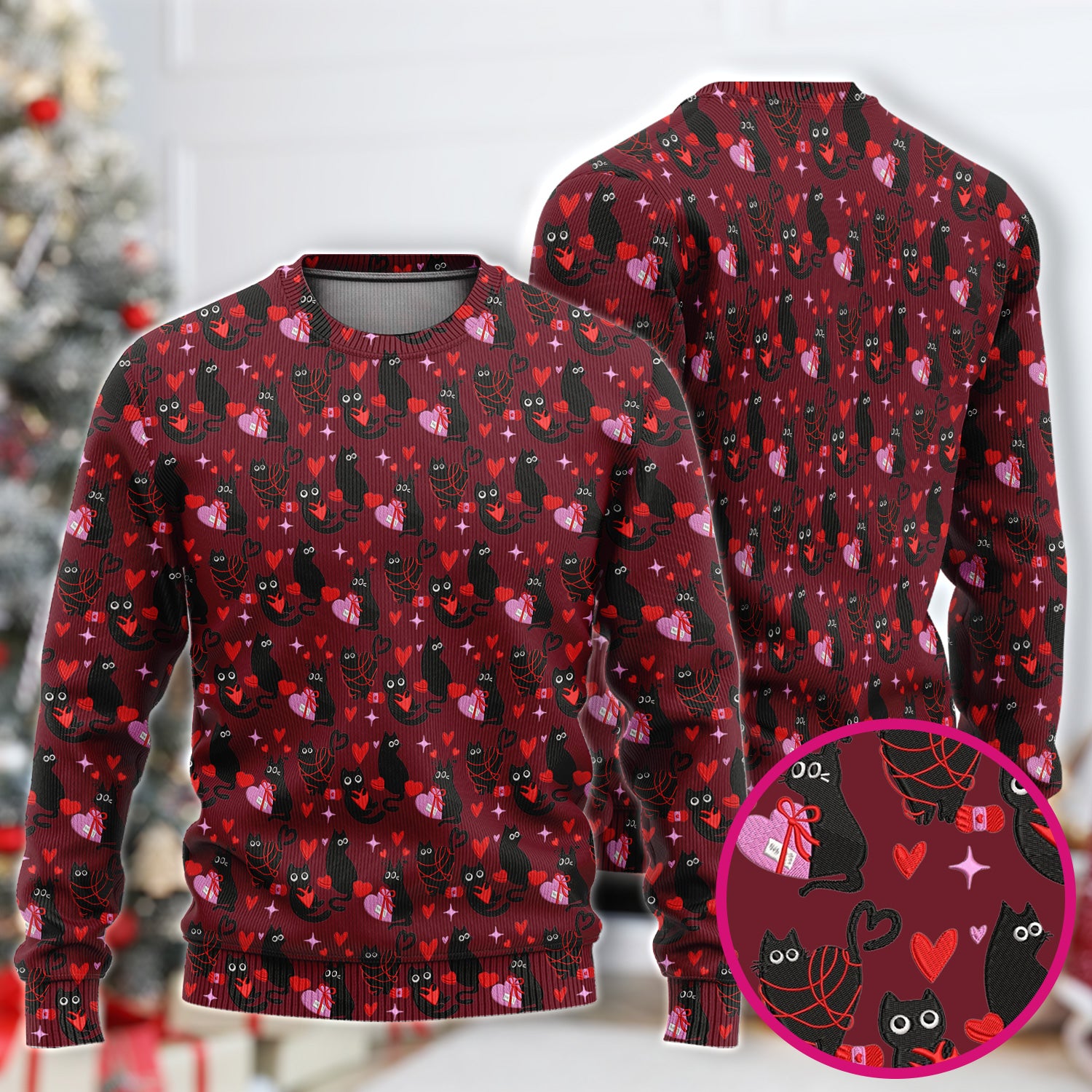 Valentine’s Day Scrub Set, Cute Black Cat With Heart Pattern Nurse Shirt, Breathable Fabrics Nursing Uniform