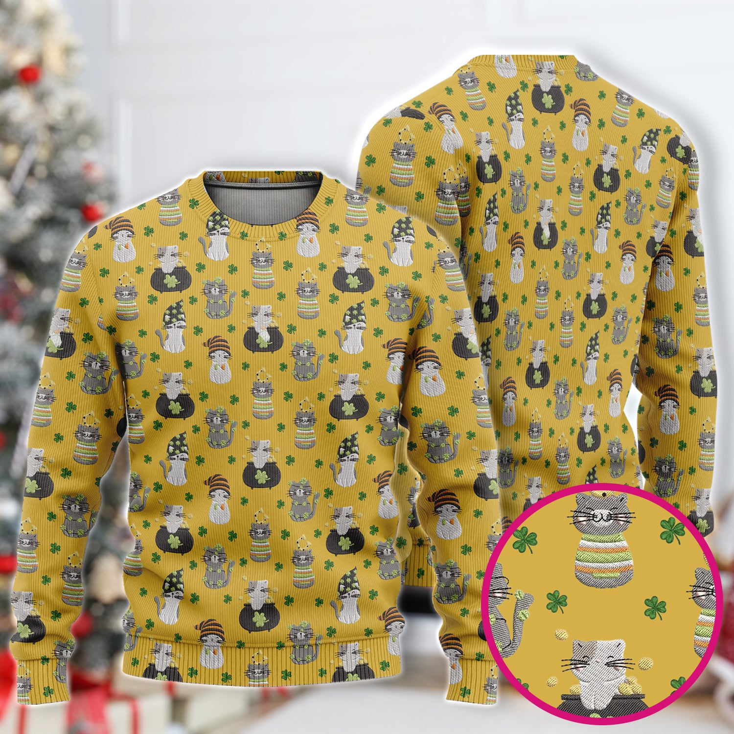 St. Patrick’s Day Scrub Set, Lucky Cat With Shamrock Pattern Shirt, Breathable Fabrics Nursing Uniform