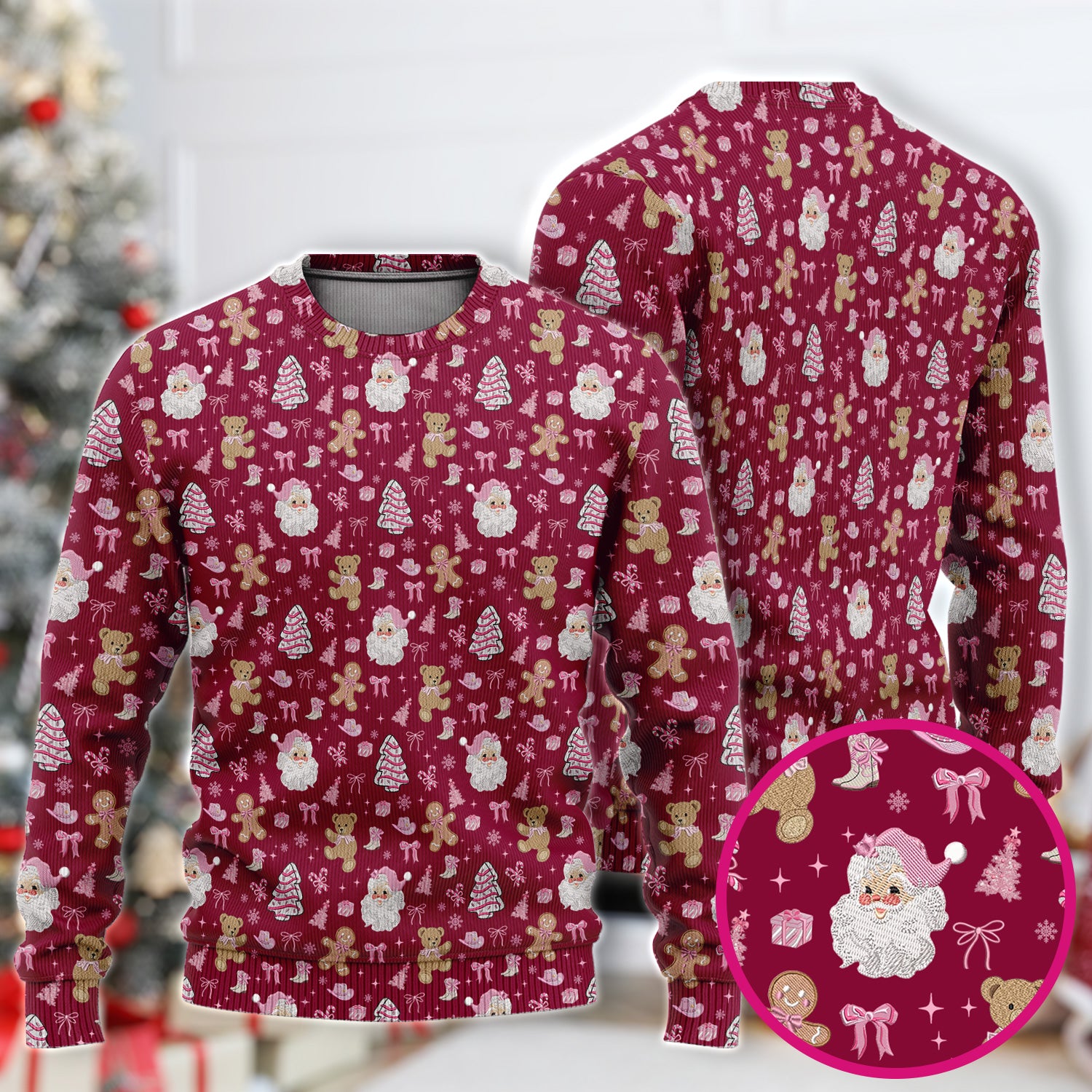 Pink Christmas Santa Gingerbread Scrub Set, Cute Holiday Medical Pattern Shirt, Breathable Fabrics Nursing Uniform