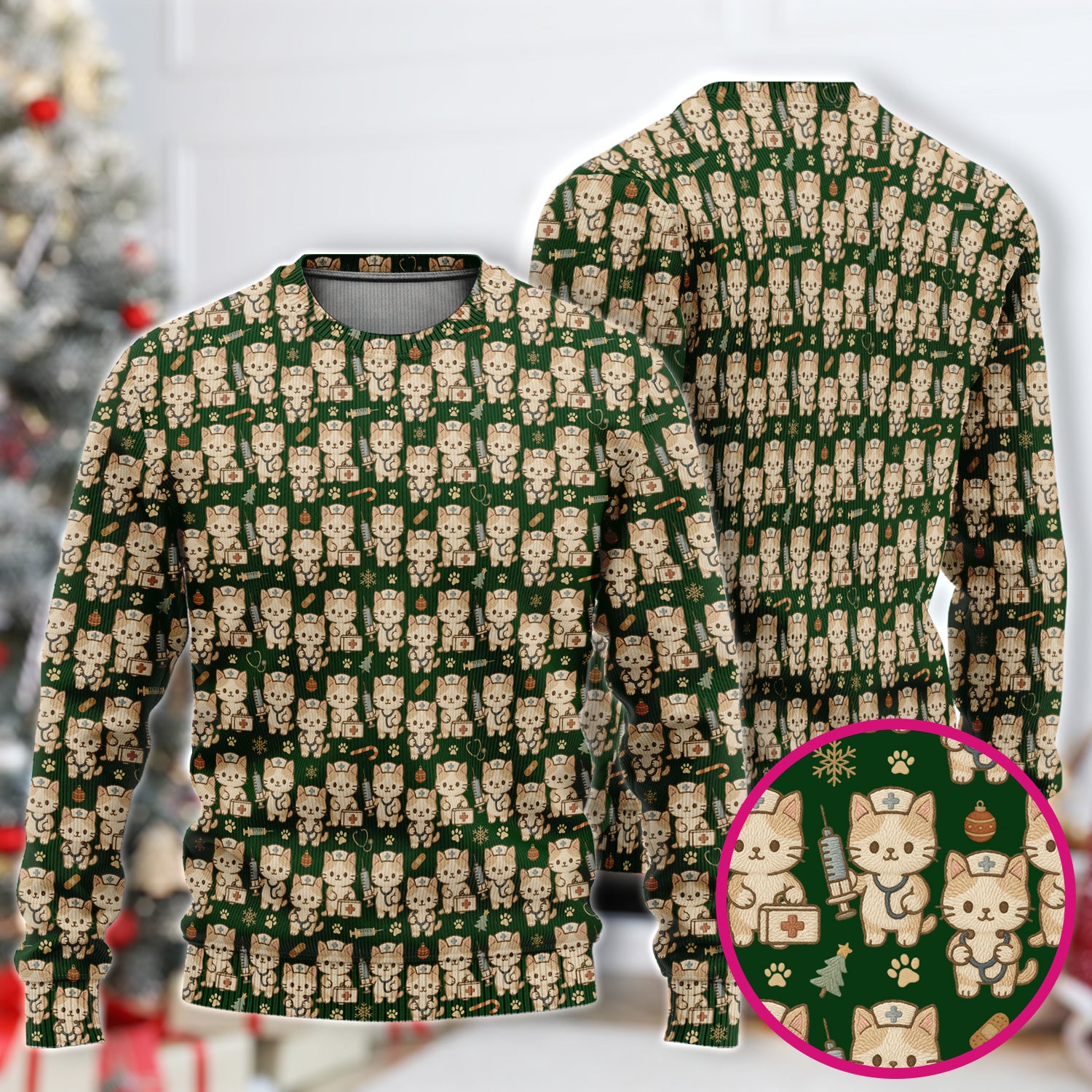 Cute Cat Nurse Christmas Scrub Set, Kawaii Kitty Medical Pattern Shirt, Breathable Fabrics Nursing Uniform