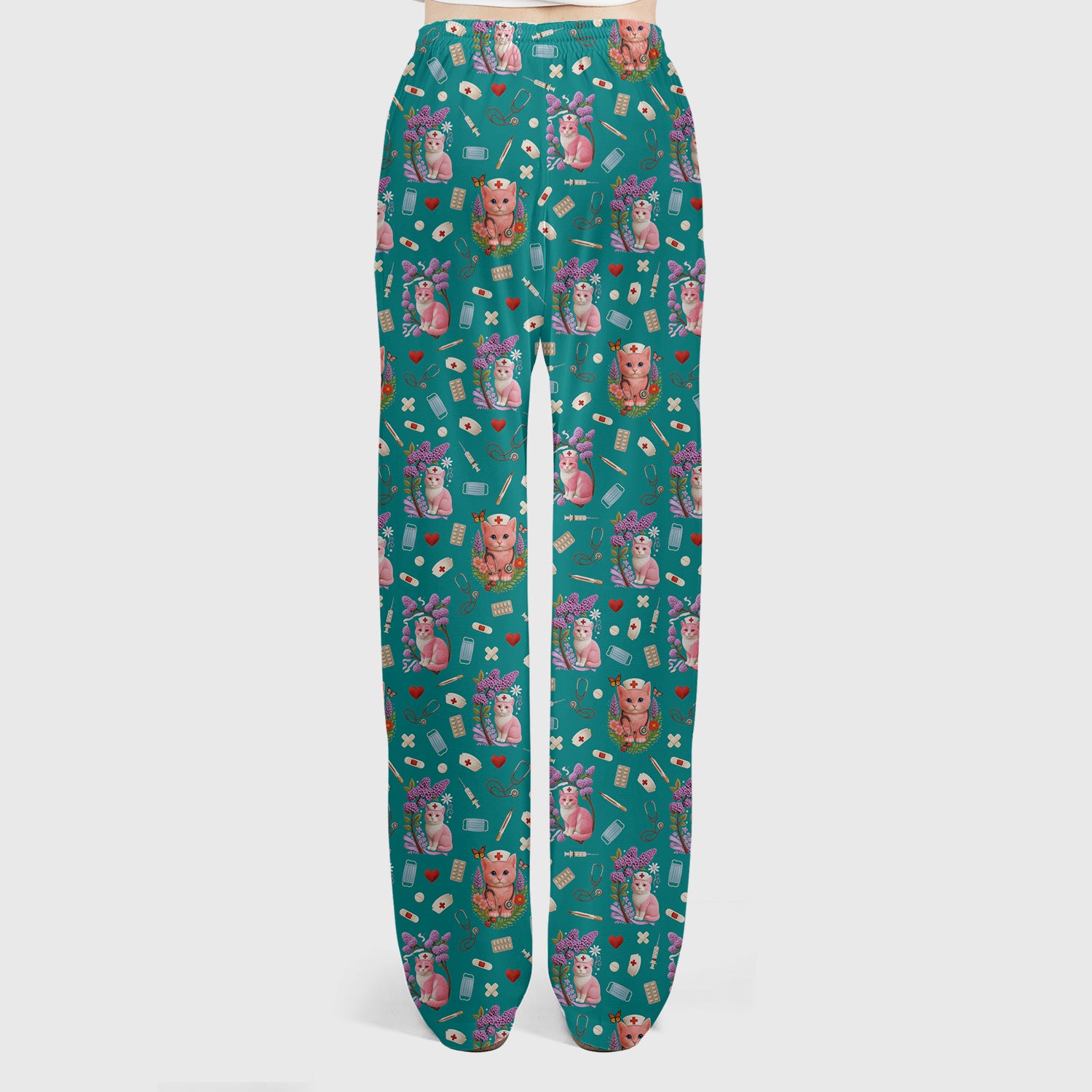 Cute Cat Pattern Nurse Scrub Set - Pink Medical Scrubs for Women - Adorable Kitty Print Gift for RN LPN CNA Healthcare Staff