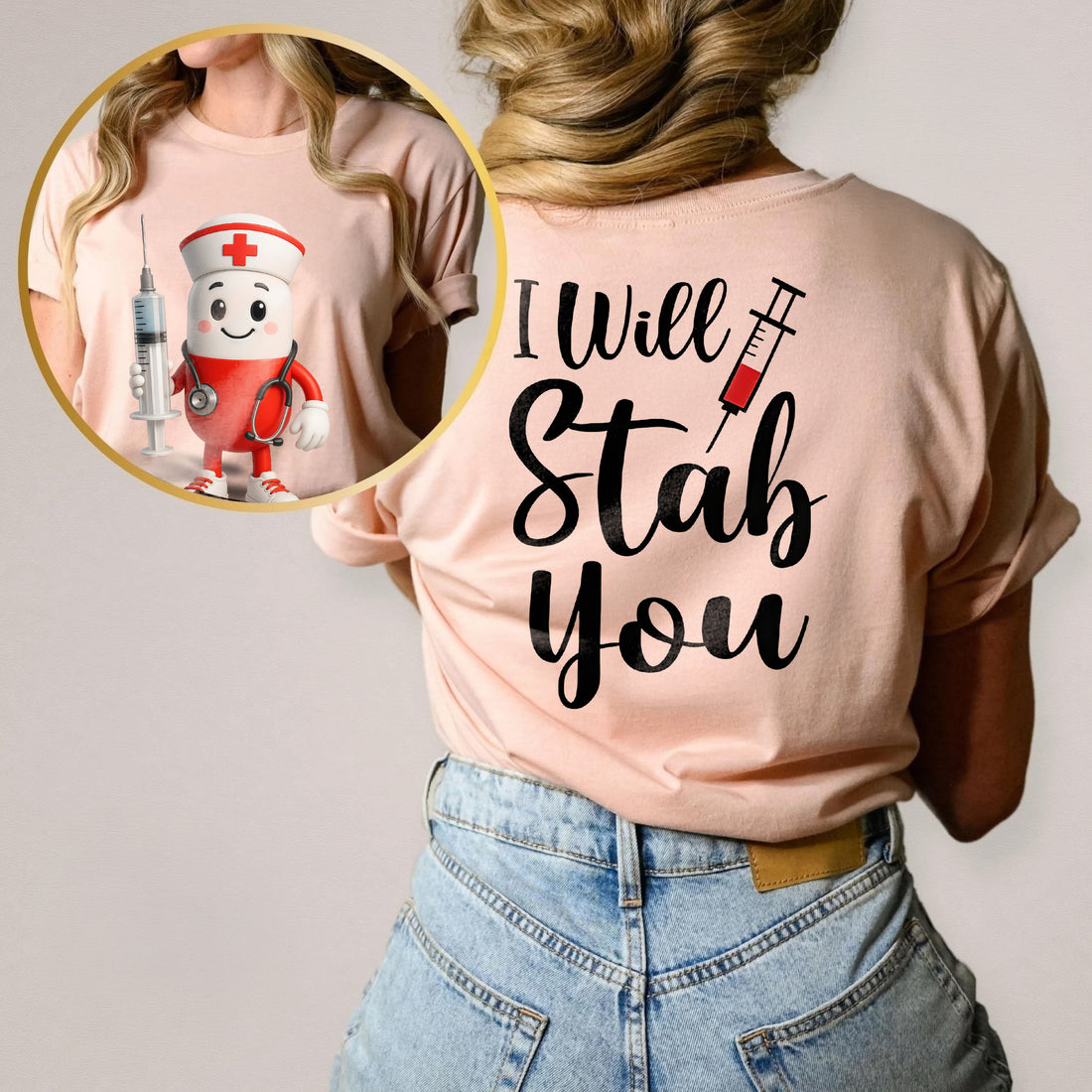 Personalized Funny Nurse Shirt with Pill Cartoon – I Will Stab You Quote Tee for RN LPN CNA  – Cute Medical Humor Gift for Healthcare Workers