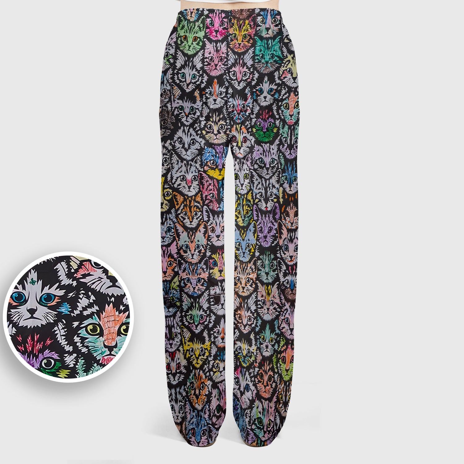 Colorful Cat Faces Pattern Scrub Set, Artistic Kitty Portrait Print, Scrub Pants and V Neck Top