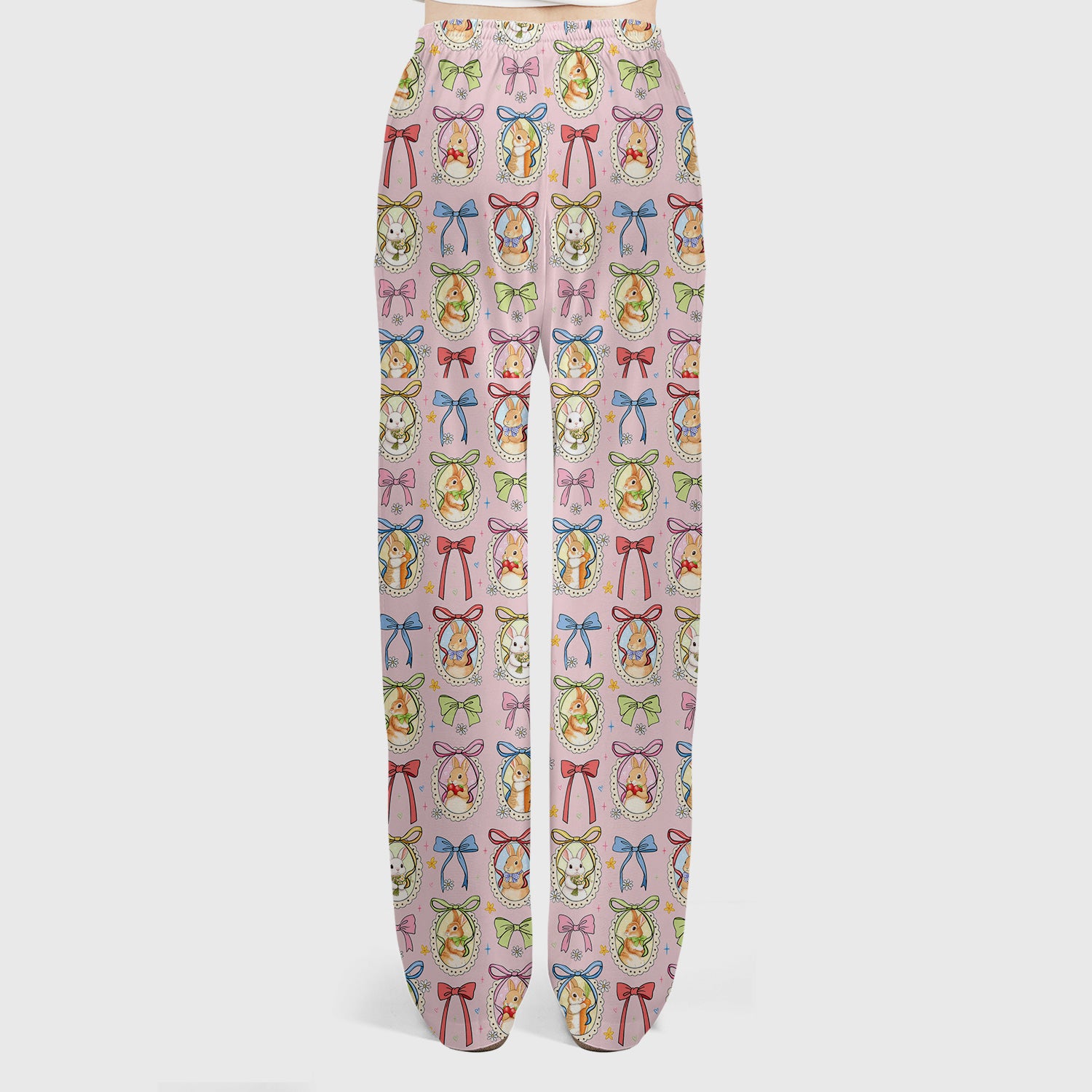Cute Easter Bunny Cameo Colorful Bow Pattern Scrub Set, Breathable Med Uniform