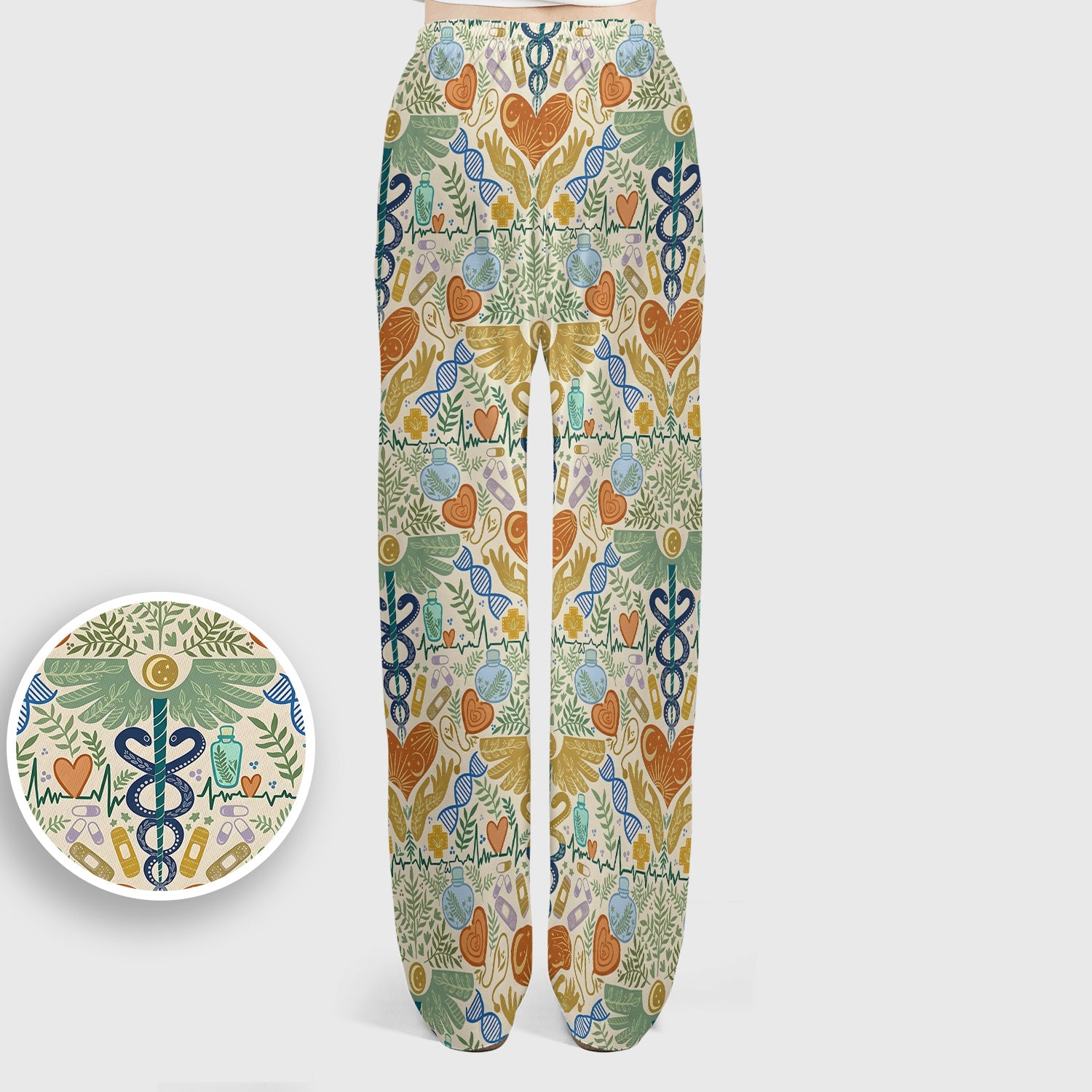 Inspirational Botanical Medical Caduceus Heart Nurse Pattern Scrub Set, Breathable Med Uniform