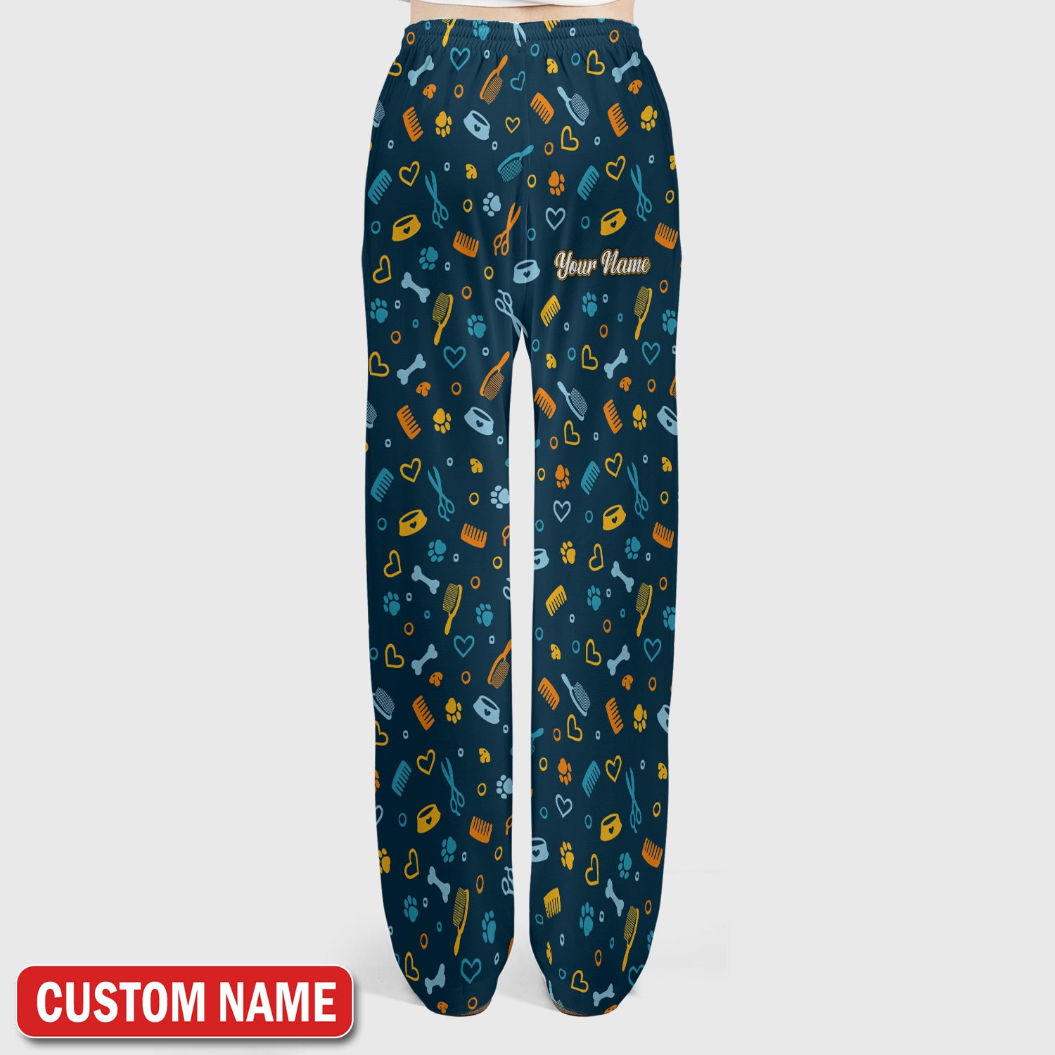 Custom Name Dog Cat Grooming Pattern Scrub Set, Scrub Pants and V Neck Top