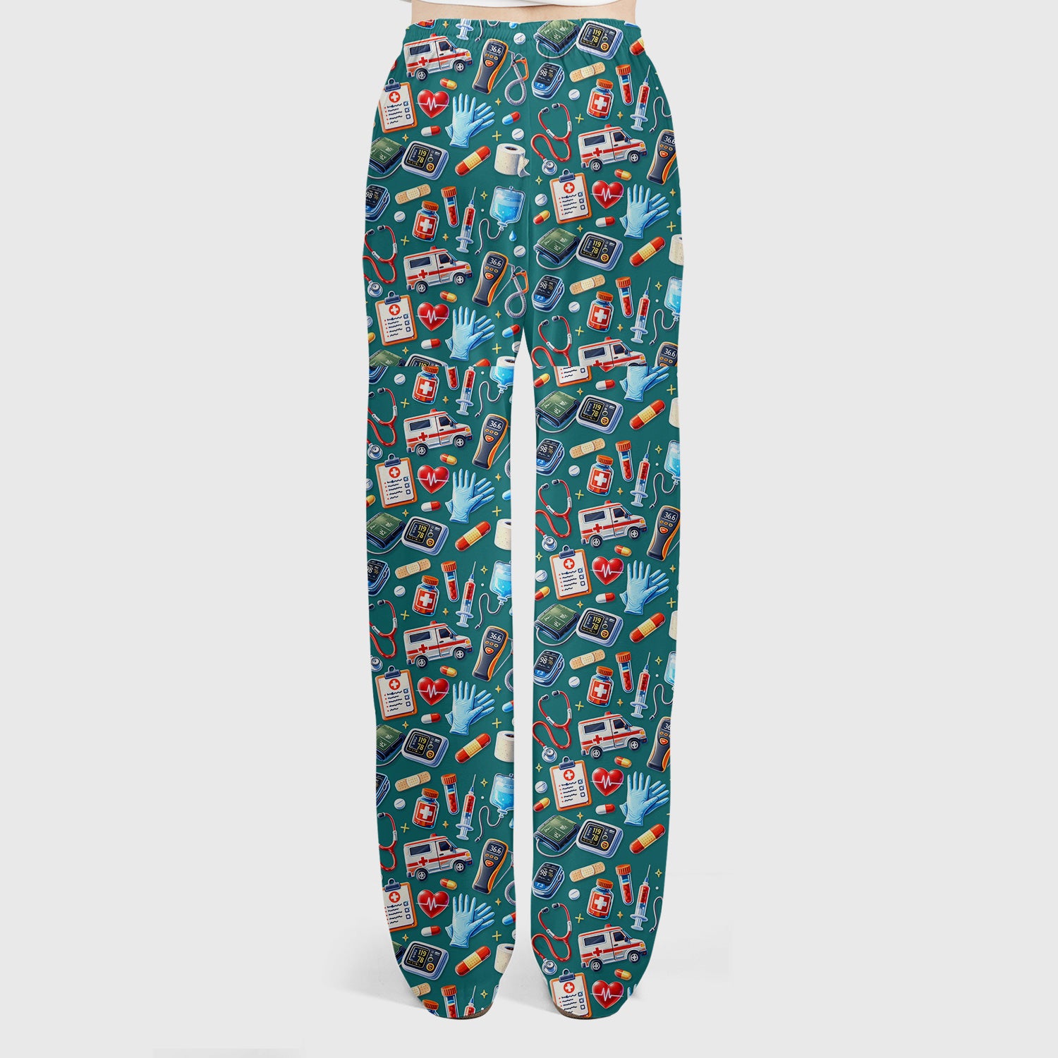 Medical Tools Pattern Ambulance Stethoscope Scrub Set, Scrub Pants and V Neck Top