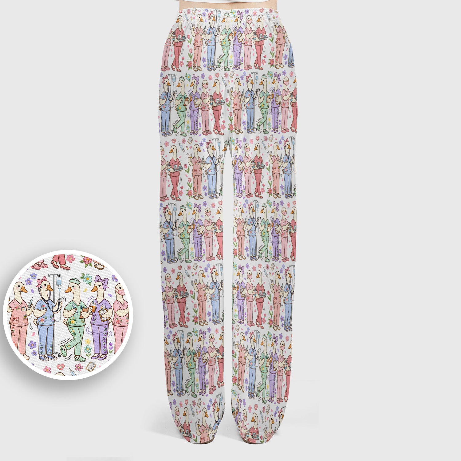 Goose Characters Floral Medical Team Uniform Pattern Scrub Set, Breathable Med Uniform
