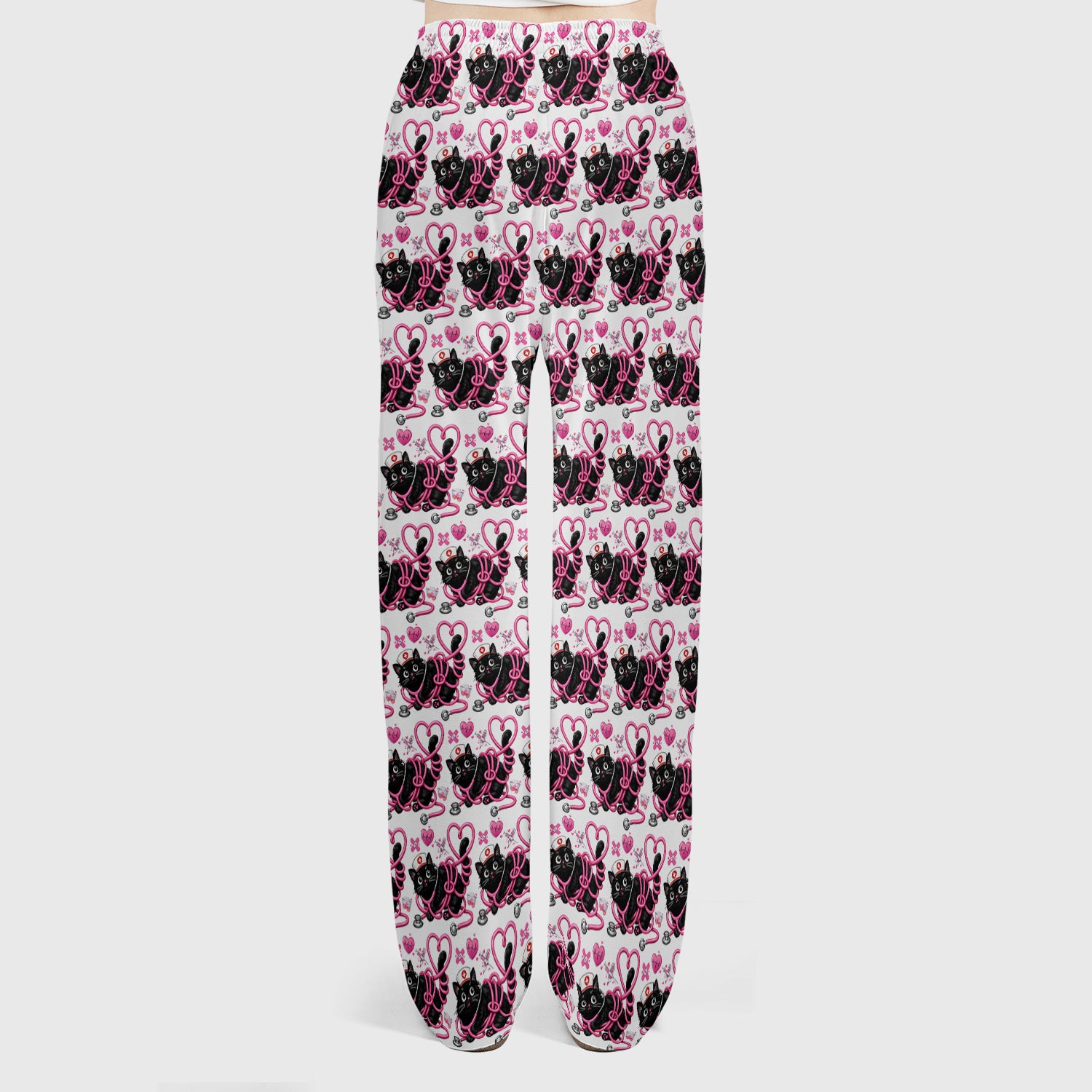 Valentine Cute Cat Nurse Heart Print Women's Scrub Set, Breathable Med Uniform