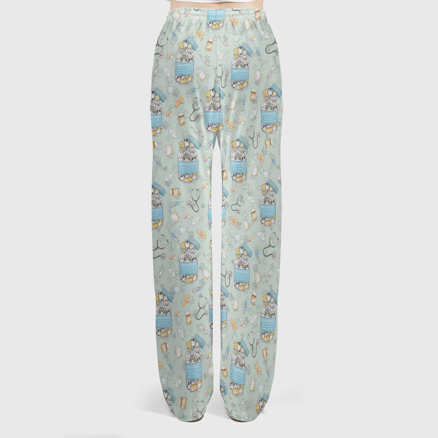 Cute Antidepressant Cat Jar Print Women's Scrub Set, Breathable Med Uniform