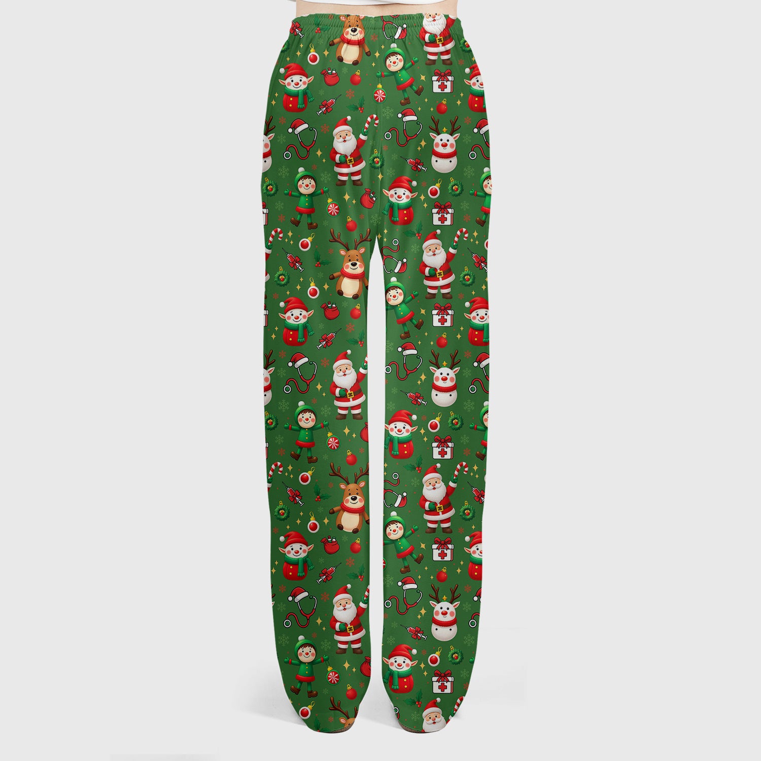 Christmas Comfortable Scrubs for Nurses - Cute Santa Reindeer Scrubs Pants and V Neck Top - Festive Holiday Med Uniform for Women
