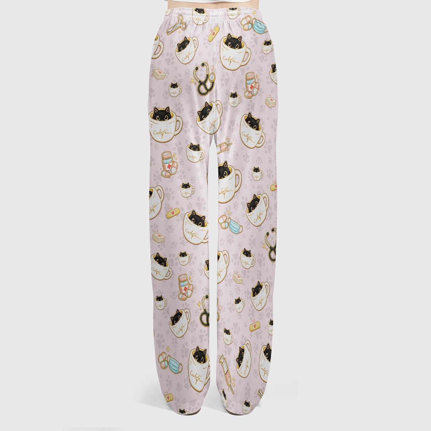 Cute Coffee Cat Medical Print Scrub Set, Scrub Pants and V Neck Top