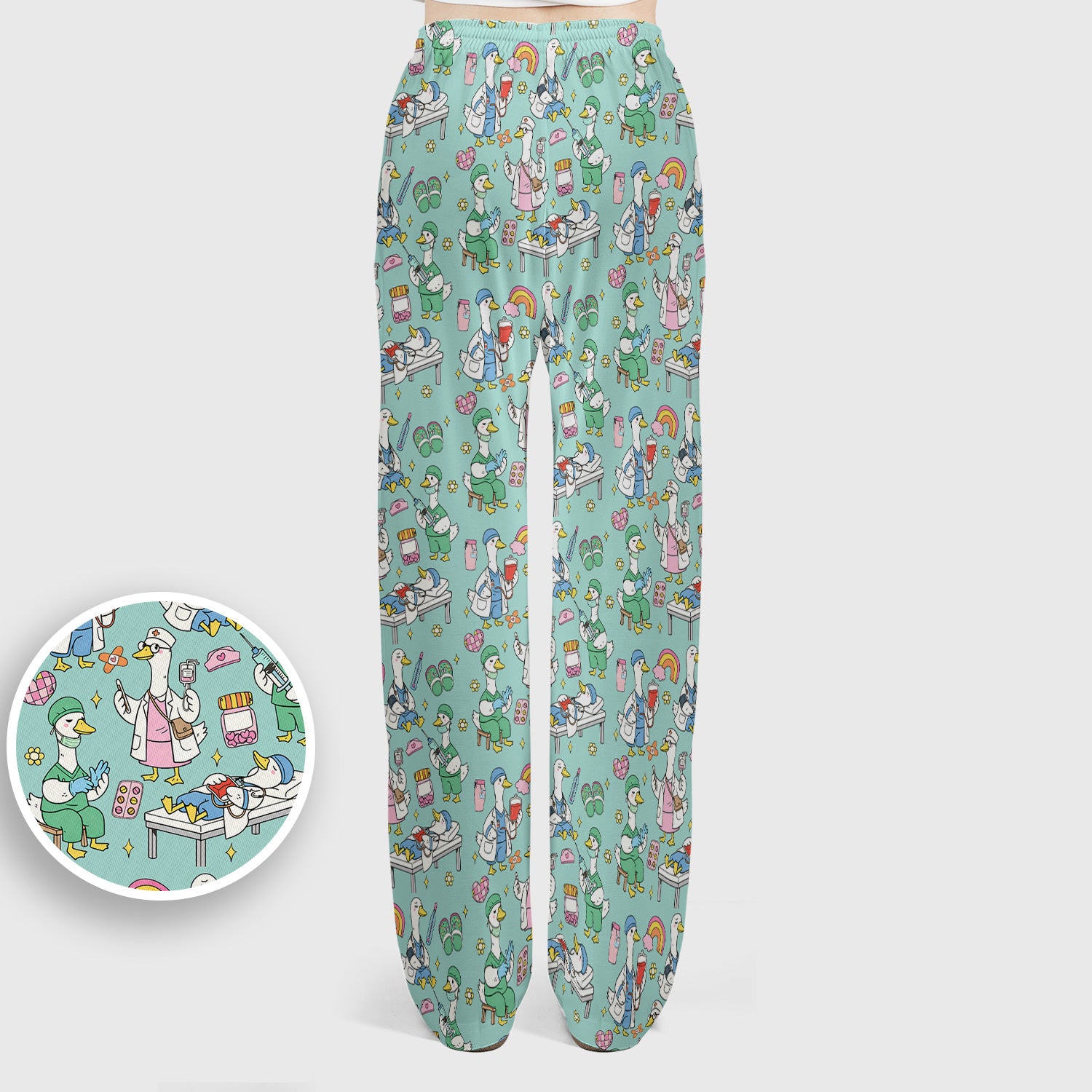 Funny Nurse Duck Medical Doodle Pattern Scrub Set, Scrub Pants and V Neck Top