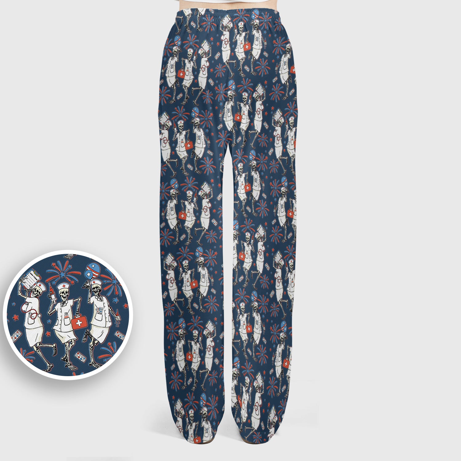 Funny Skeleton Nurse Patriotic Print Scrub Set, Scrub Pants and V Neck Top