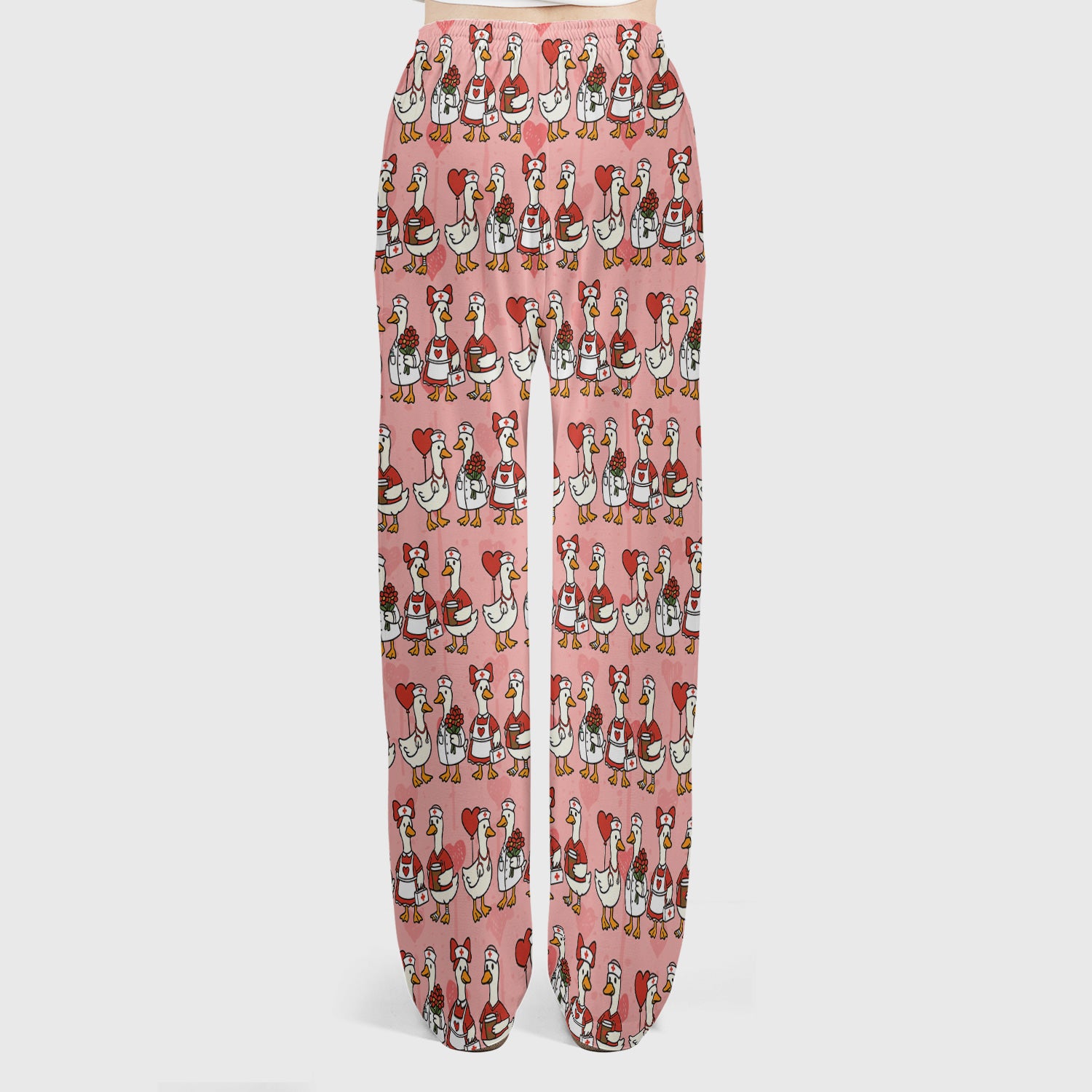 Valentine Nurse Goose with Heart Pattern Scrub Set, Scrub Pants and V Neck Top