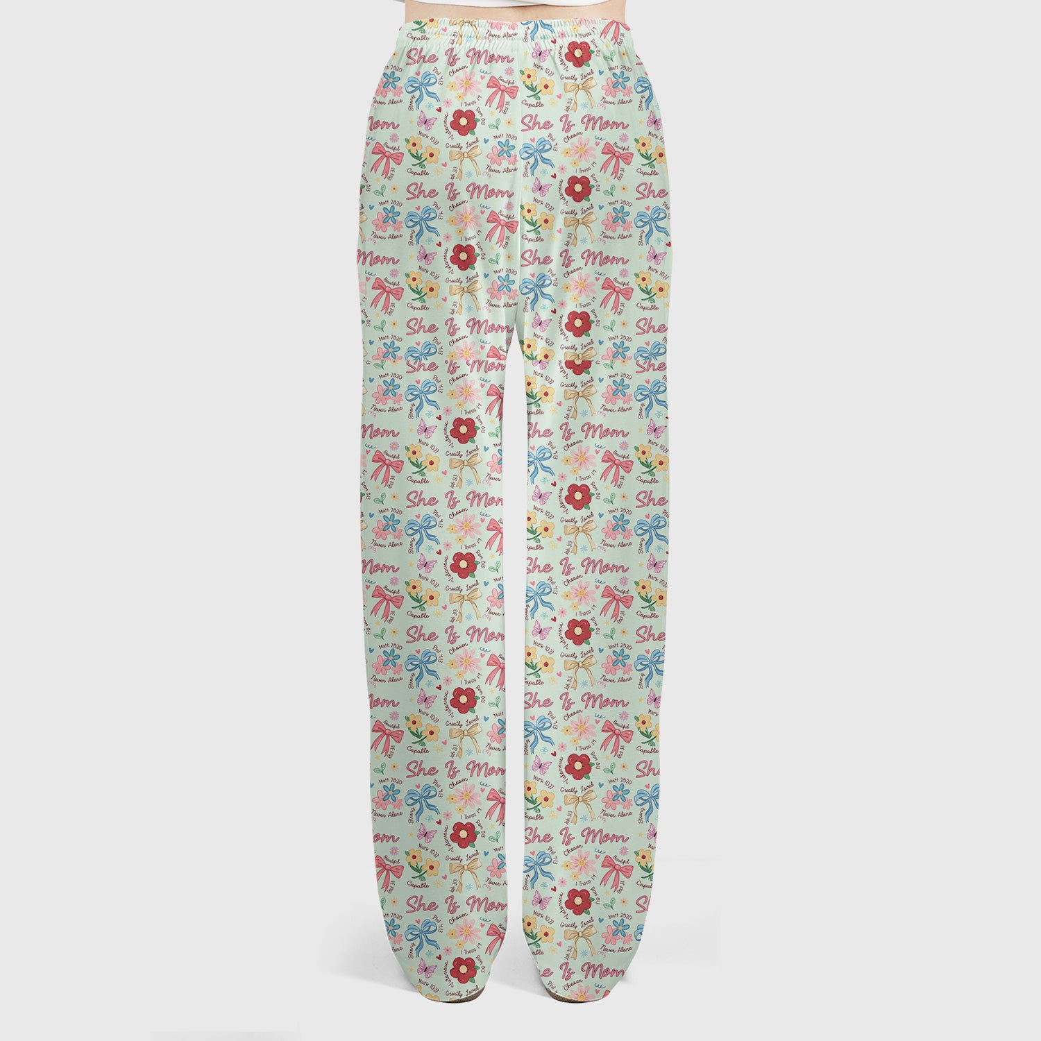 She Is Mom Flower Bow Pattern Scrub Set, Scrub Pants and V Neck Top