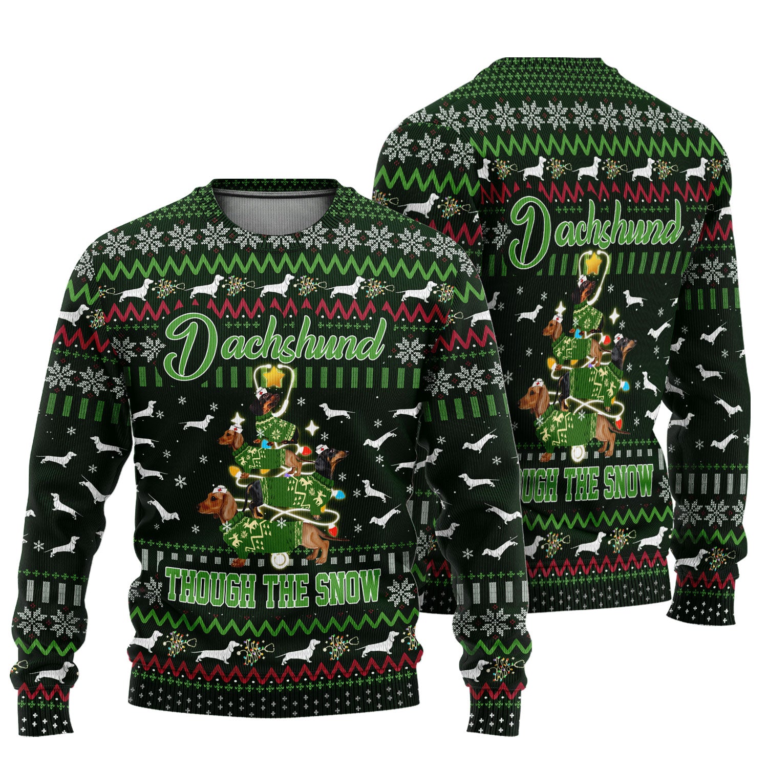 Dachshund Through The Snow Christmas Ugly Sweater - Funny Sausage Dog Xmas Tree Nurse Shirt - Cute Holiday Medical Uniform