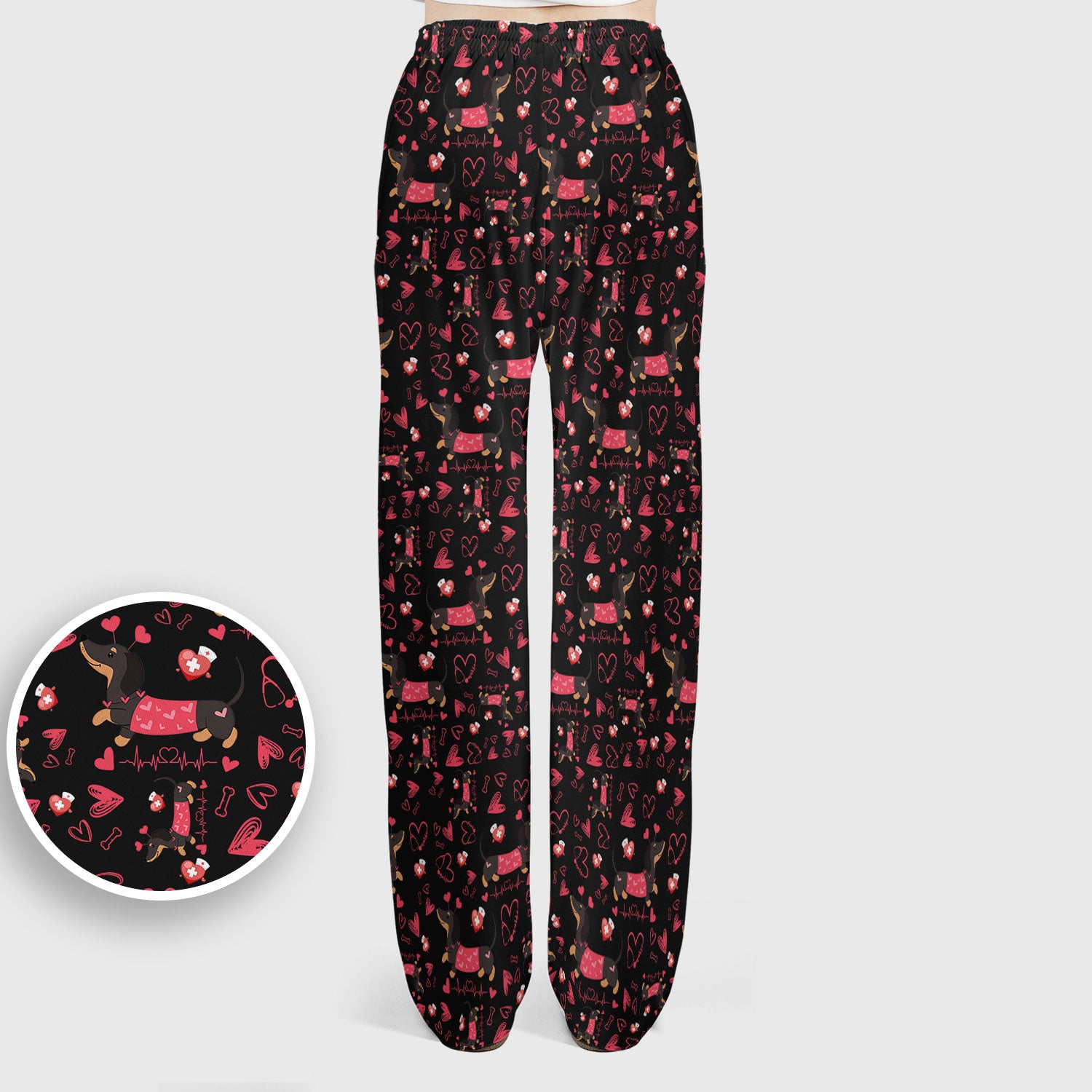 Dachshund Valentine Scrub Set, Cute Wiener Dog Heart Pattern Nurse Shirt, Breathable Fabrics Nursing Uniform