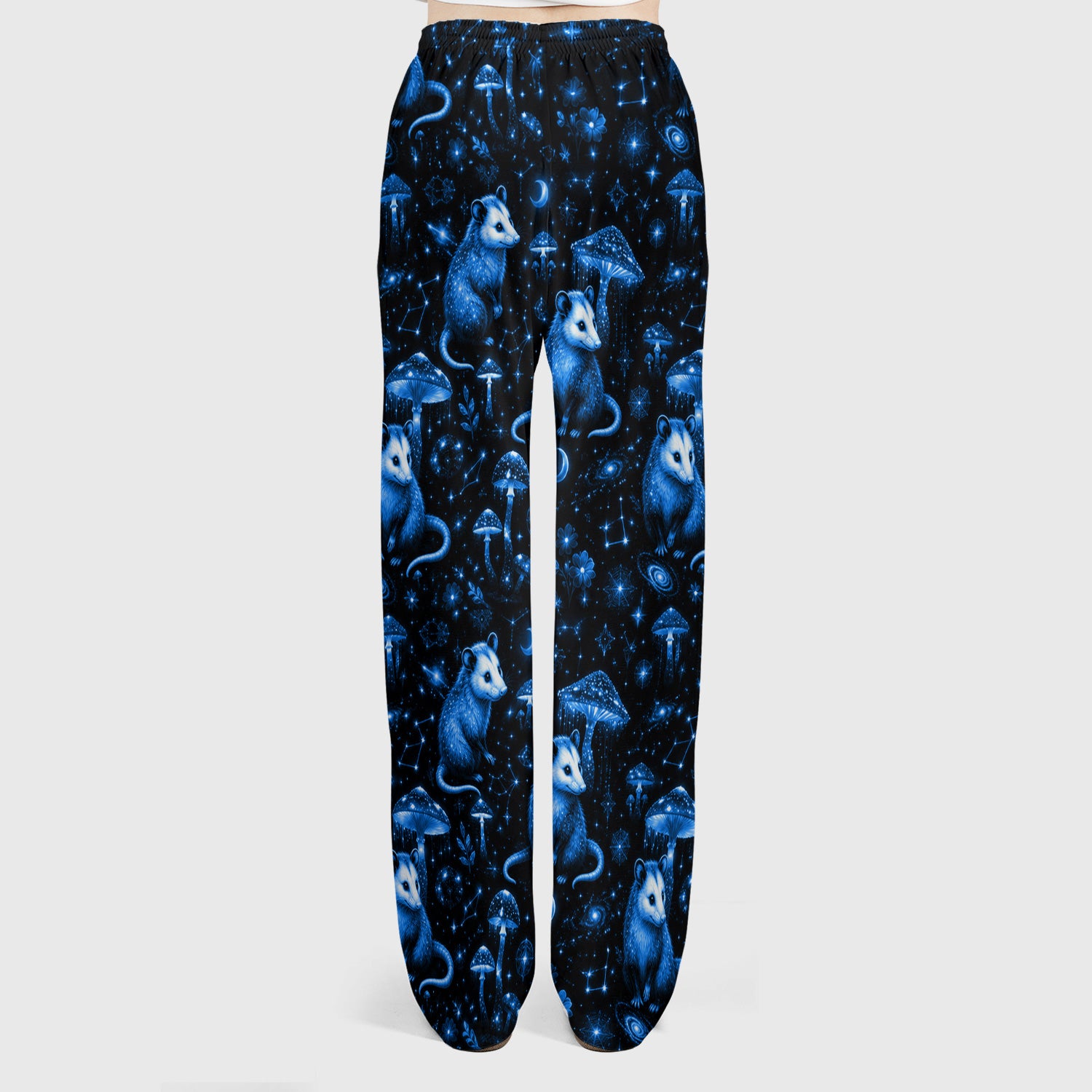 Celestial Blue Opossum With Mushroom Pattern Scrub Set, Scrub Pants and V Neck Top