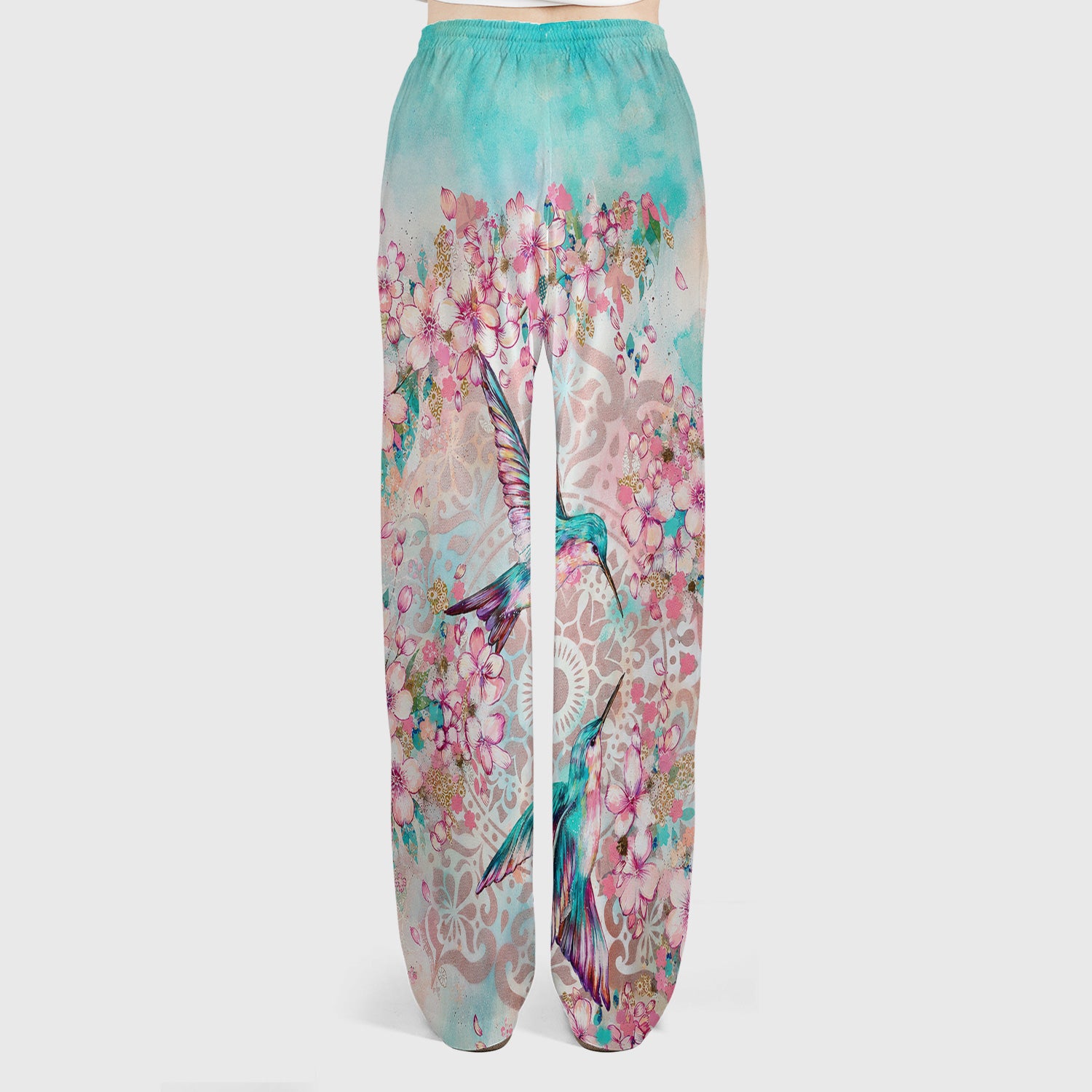 Charming Hummingbird Cherry Blossom Pattern Scrub Set, Scrub Pants and V Neck Top