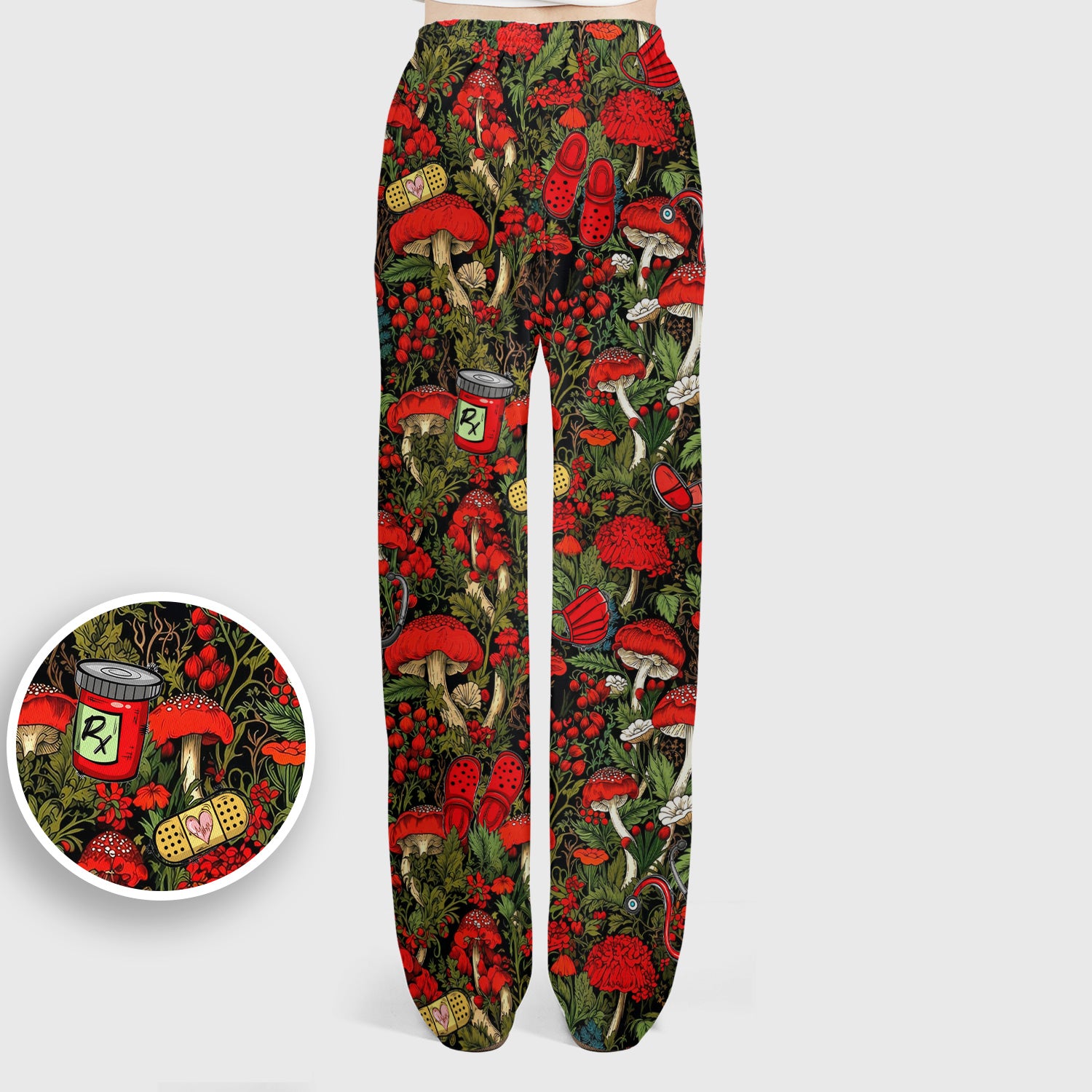 Red Mushroom Medical Forest Pattern Scrub Set, Scrub Pants and V Neck Top