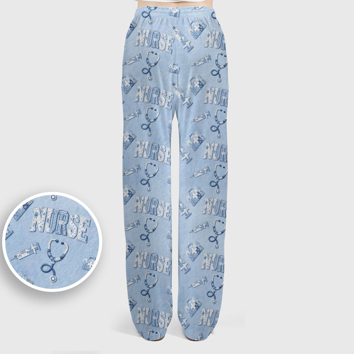 Blue Nurse Medical Pattern Scrub Set, Scrub Pants and V Neck Top