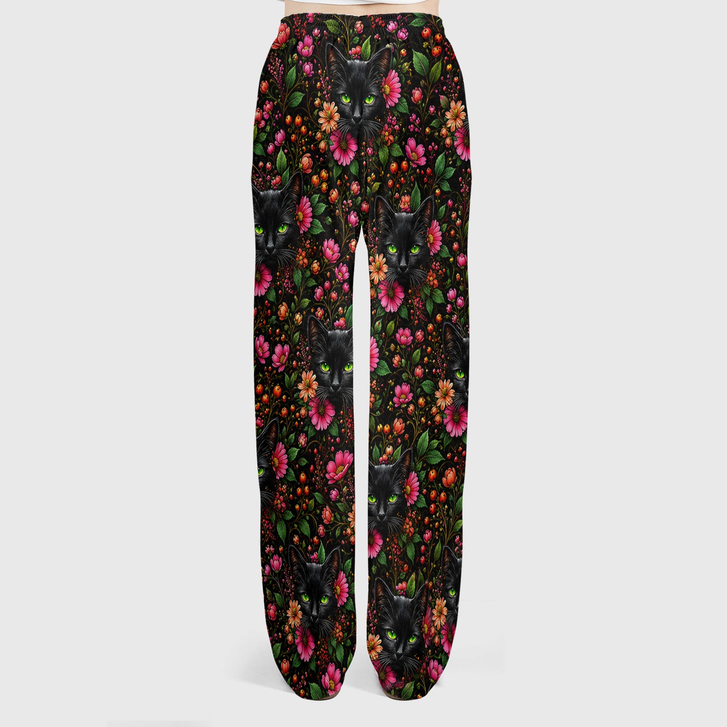 Adorable Black Cat Blossom Pattern Scrub Set, Scrub Pants and V Neck Top
