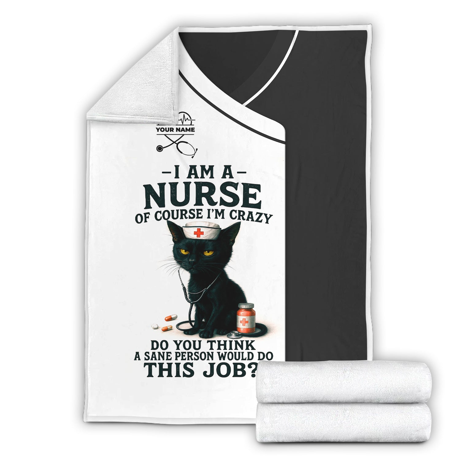 Personalized Funny Nurse Blanket - Black Cat Design with Name - Custom Throw Blanket Gift for Women Nurses
