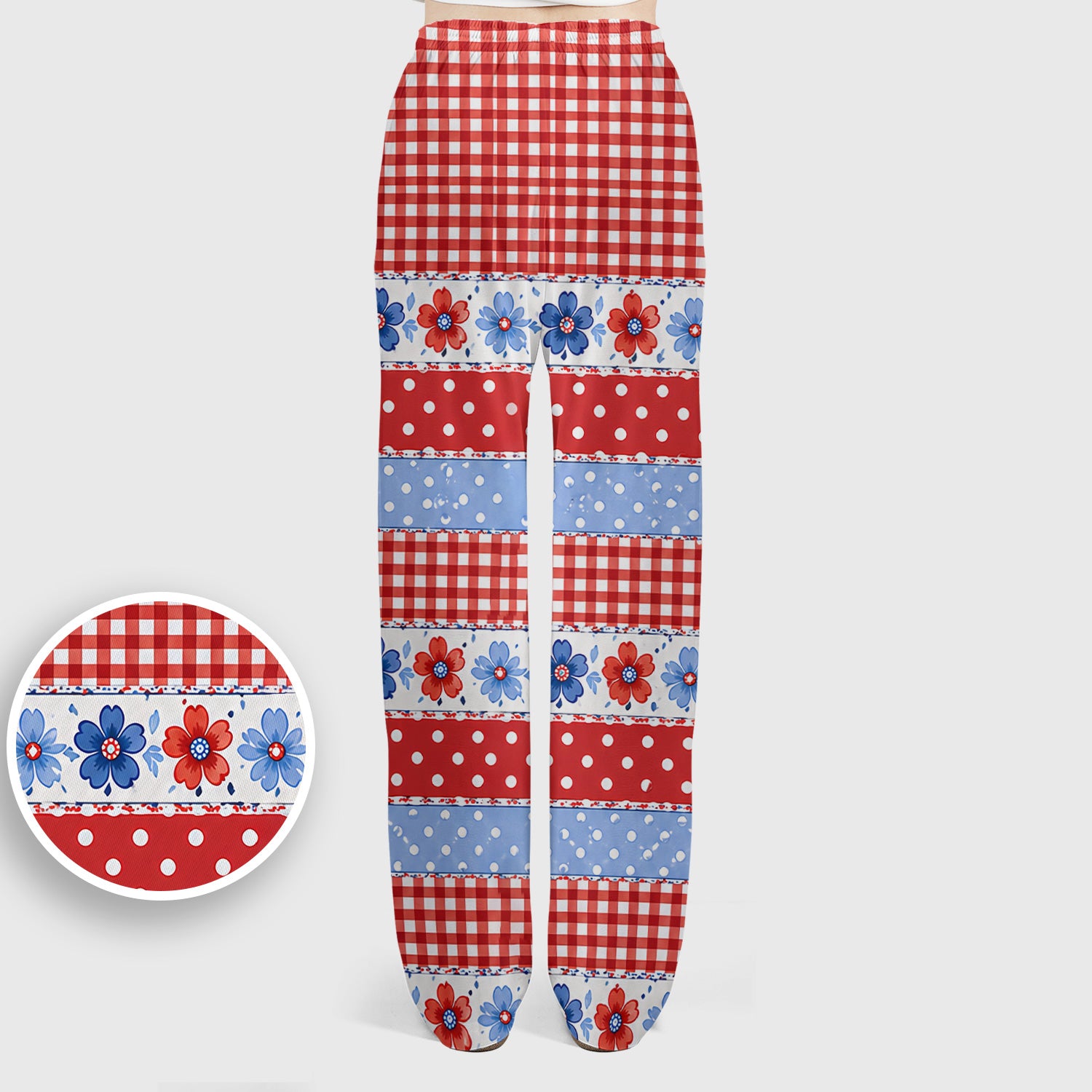 Patriotic Gingham Bow Floral Pattern Scrub Set, Scrub Pants and V Neck Top