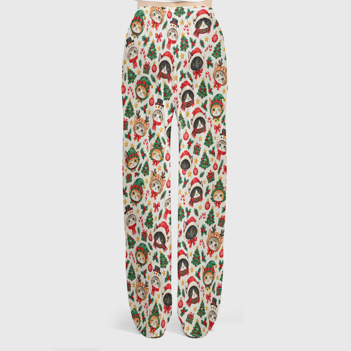 Christmas Cats And Trees Pattern Scrub Set, Scrub Pants and V Neck Top