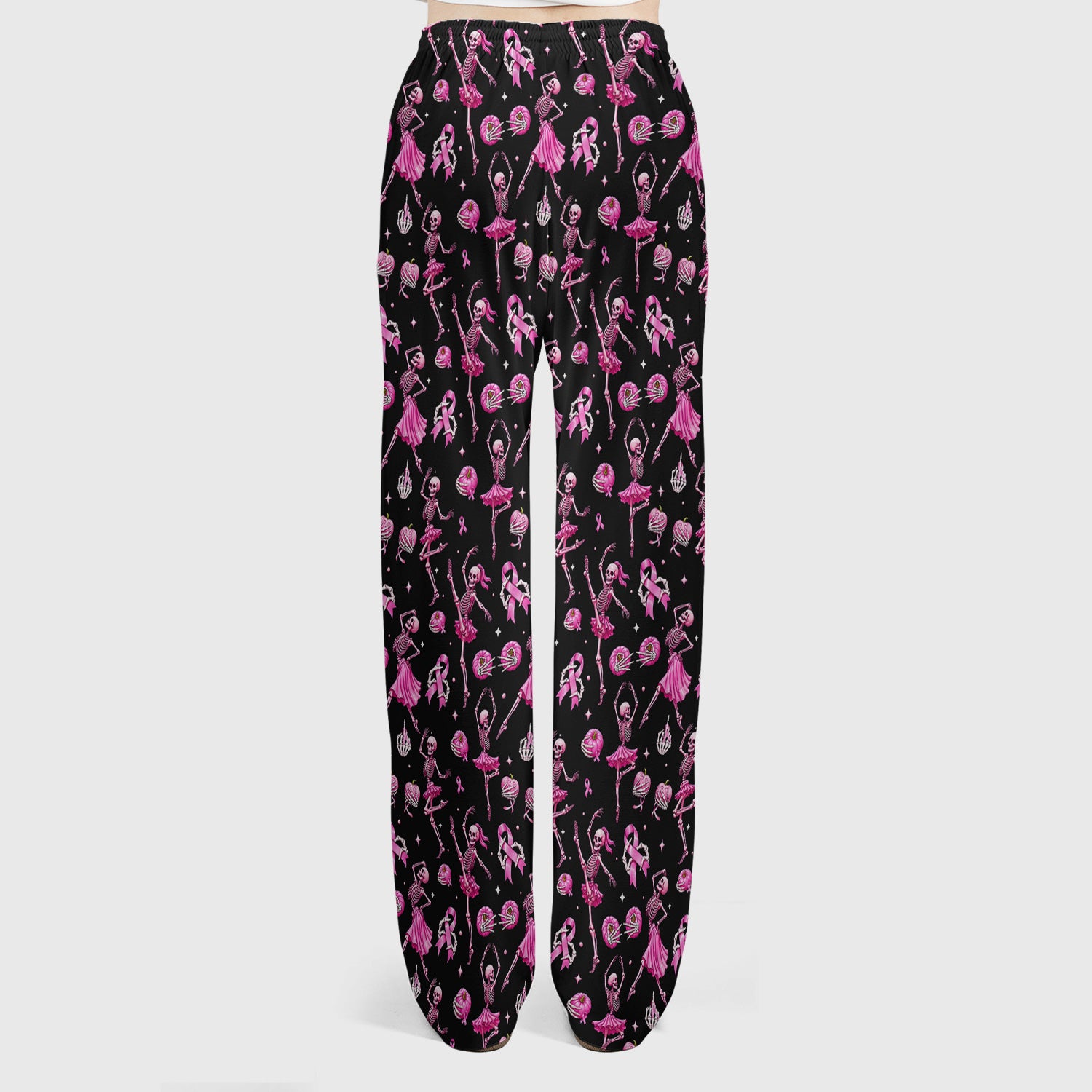 Pink Ribbon Skeleton Ballerina Print Scrub Set, Scrub Pants and V Neck Top