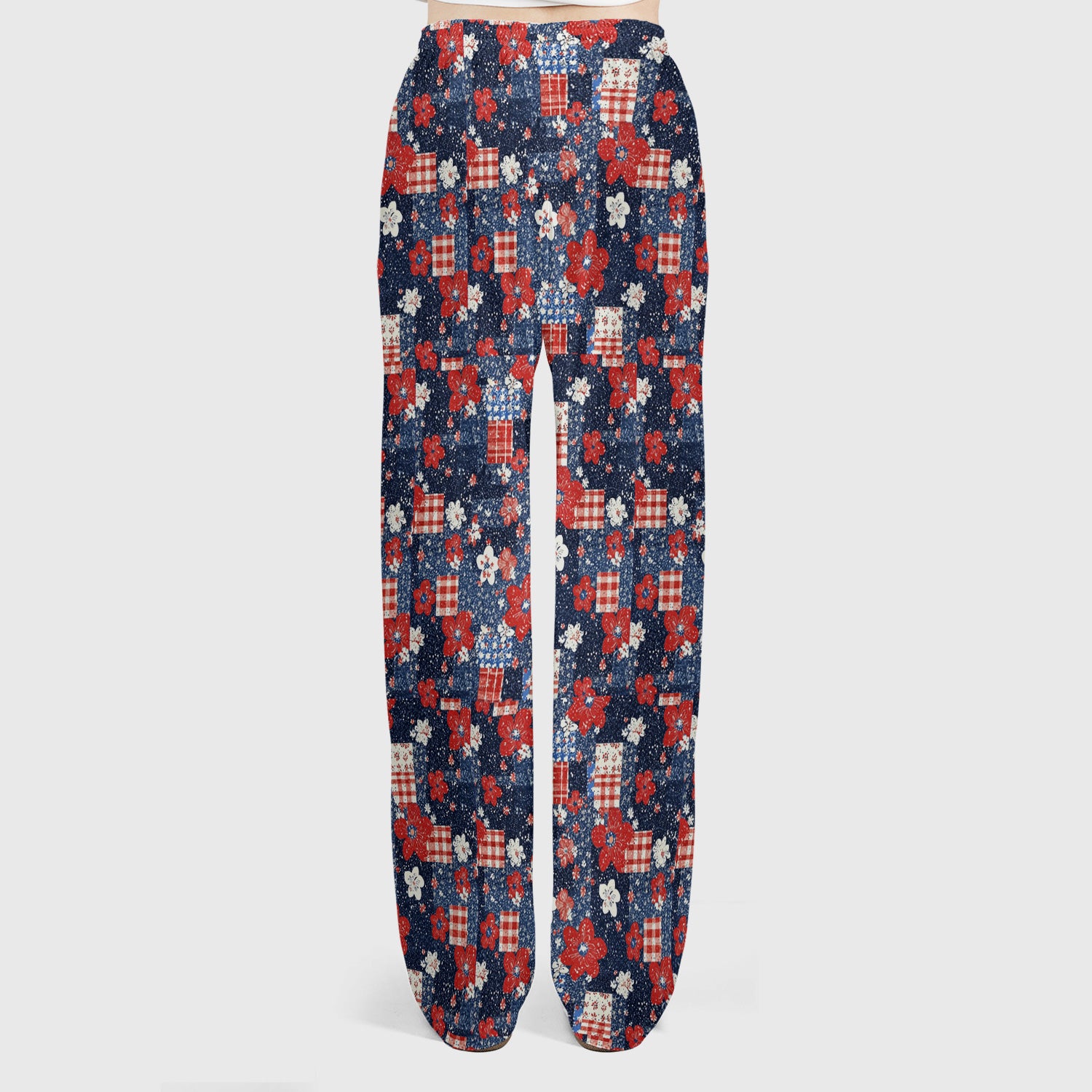 Patriotic Gingham Floral Patchwork Pattern Scrub Set, Scrub Pants and V Neck Top