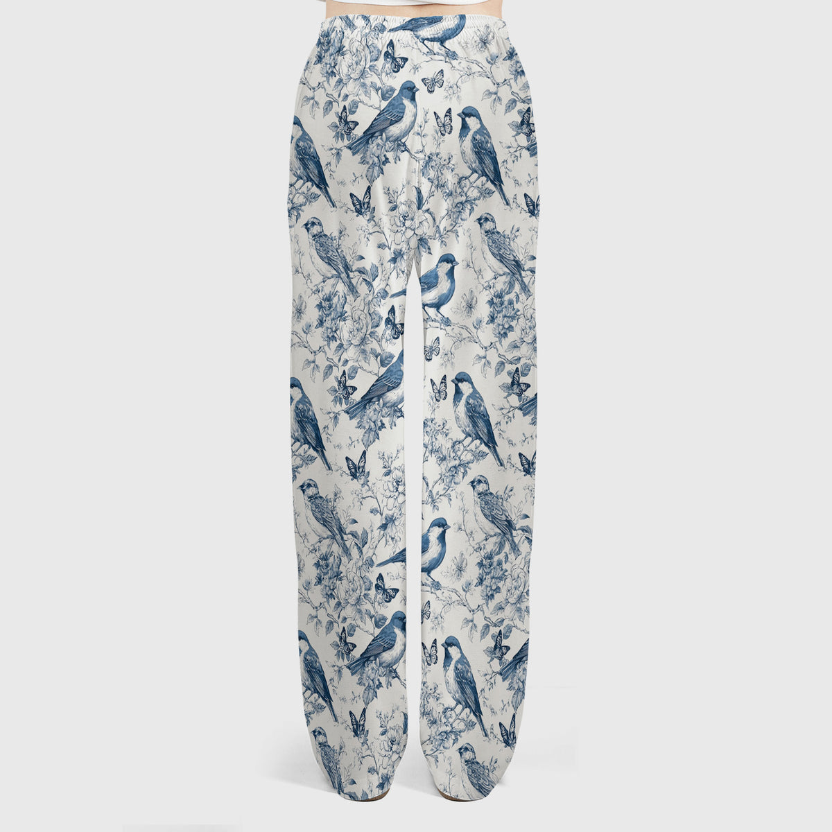 Blue Toile Songbird With Butterfly Print Scrub Set, Scrub Pants and V Neck Top